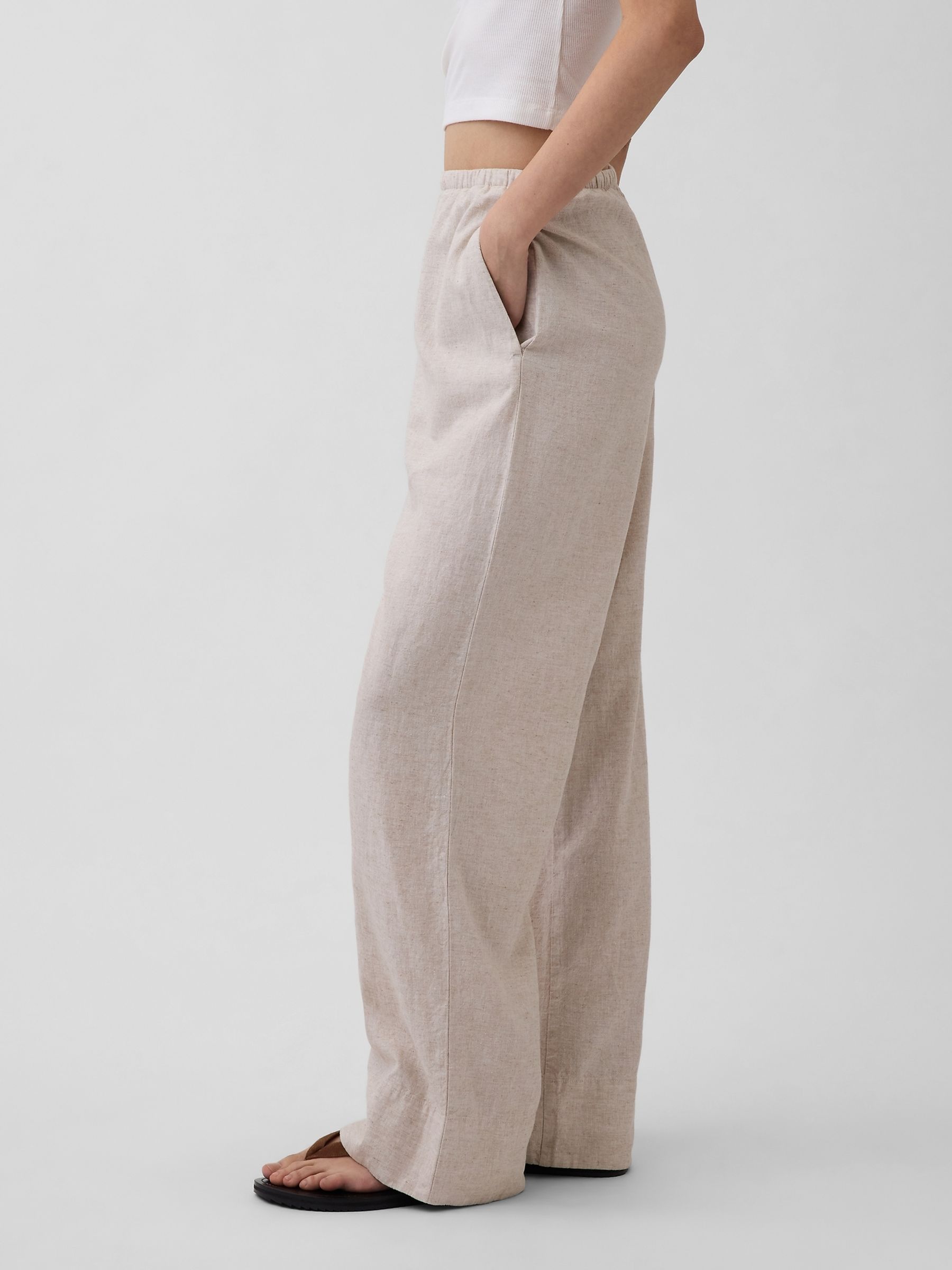 Cream Linen-Blend Relaxed Wide-Leg Trousers - Image 3 of 4