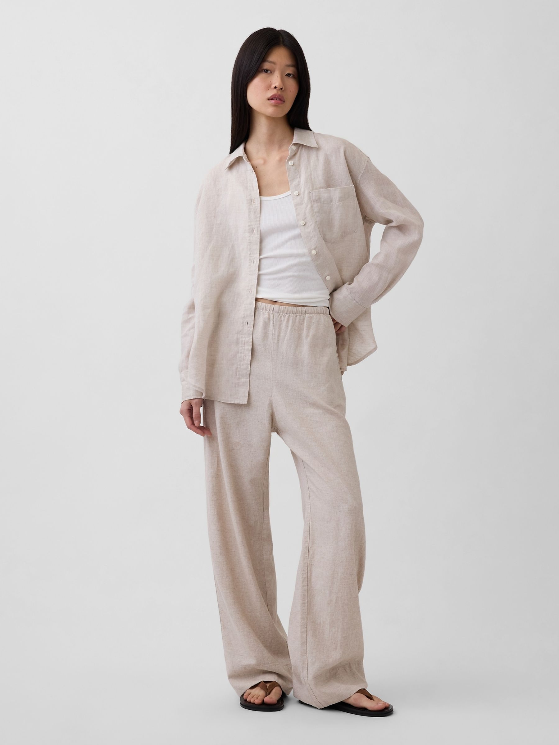 Cream Linen-Blend Relaxed Wide-Leg Trousers - Image 4 of 4