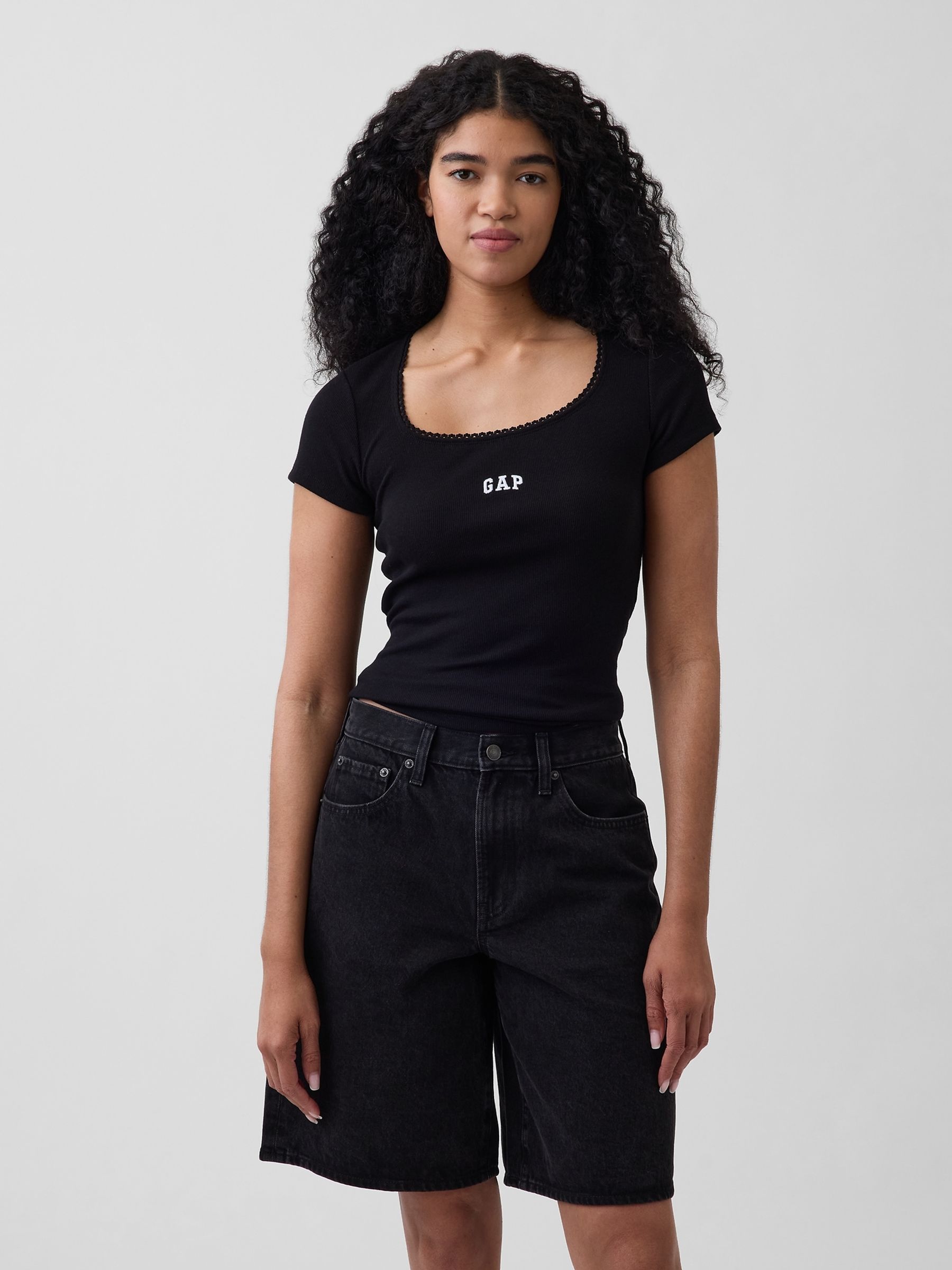 Black Ribbed Logo Scoop neck Top - Image 1 of 5 Black Ribbed Logo Scoop neck Top - Image 1 of 5