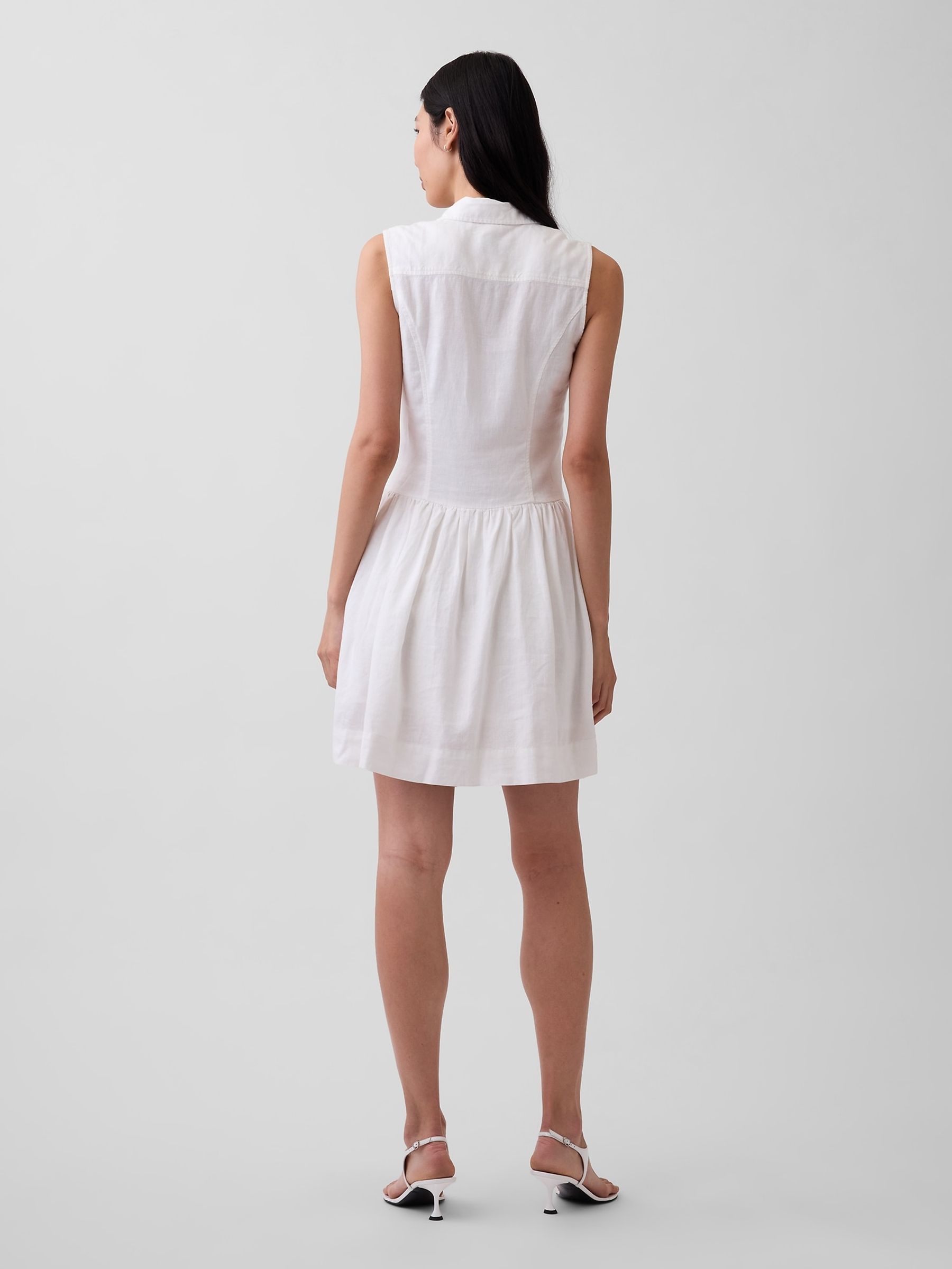 White Linen-Blend Drop-Waist Mini Shirt Dress - Image 2 of 4