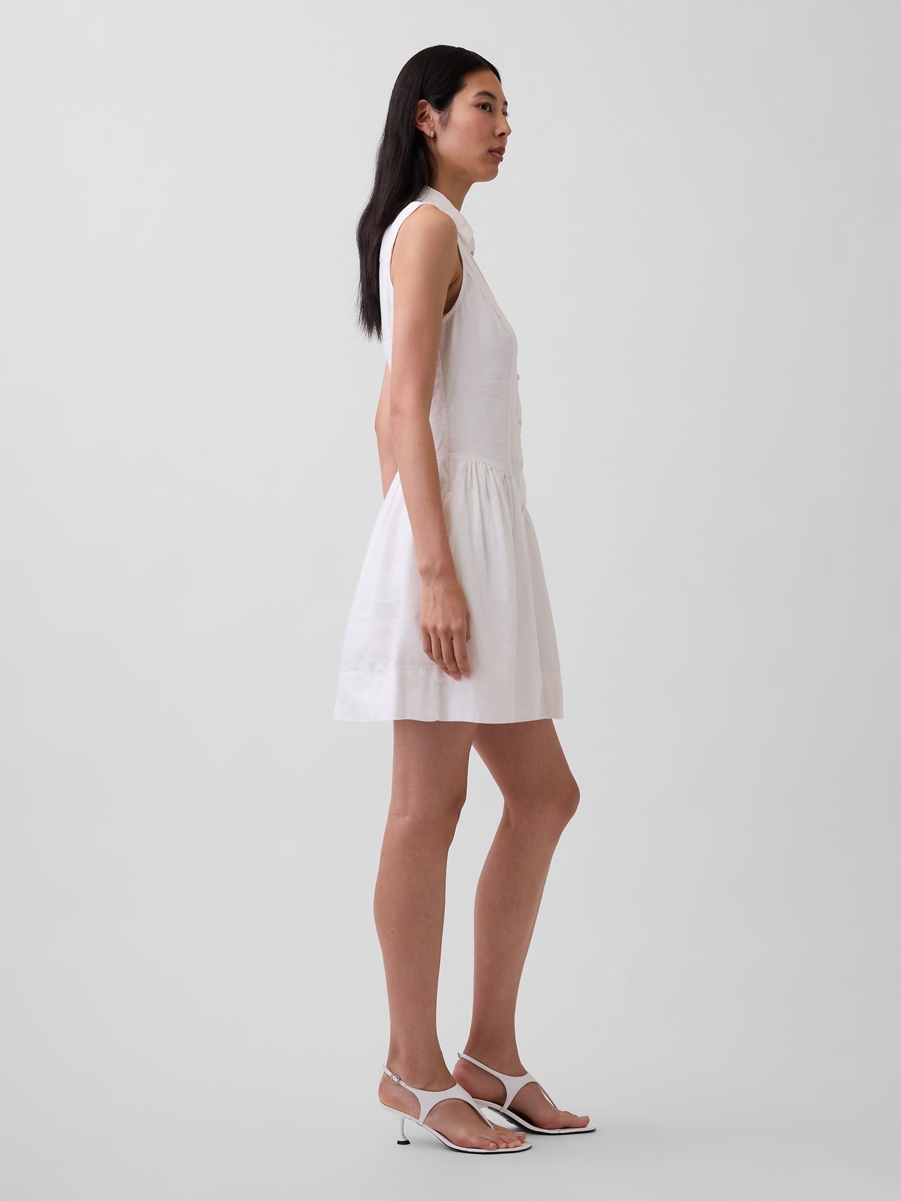 White Linen-Blend Drop-Waist Mini Shirt Dress - Image 3 of 4