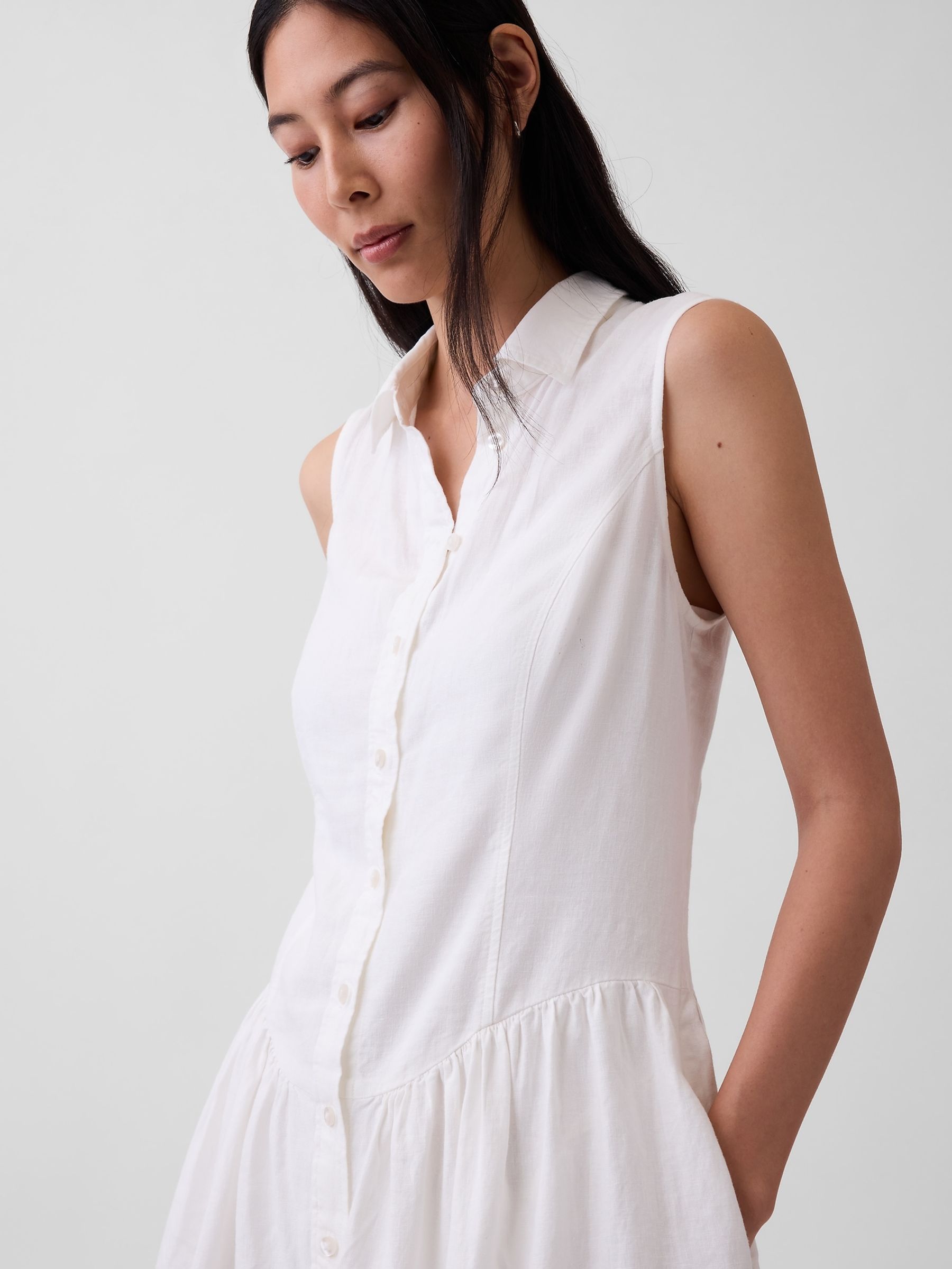 White Linen-Blend Drop-Waist Mini Shirt Dress - Image 4 of 4