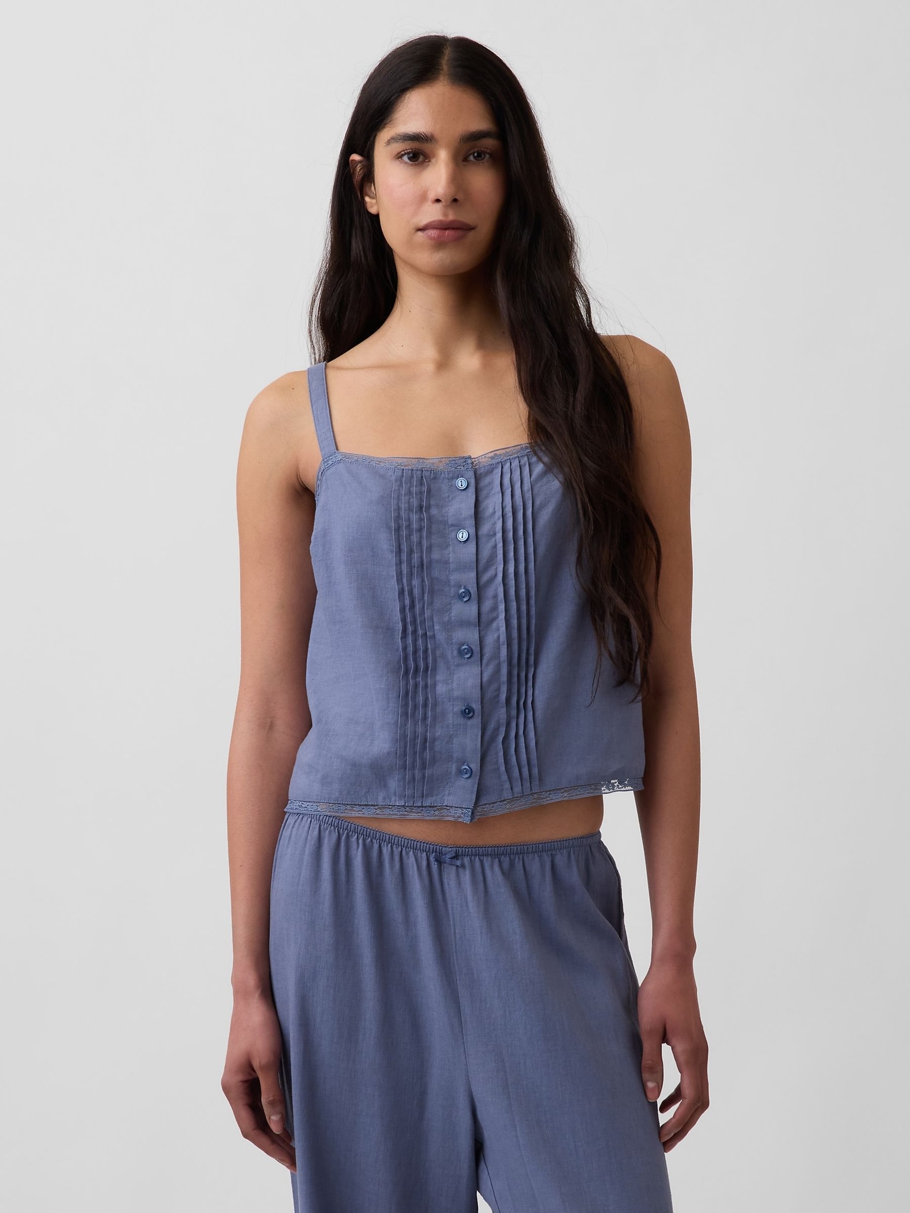 Blue Linen-Blend Pintuck Crop Pyjama Vest - Image 1 of 4
