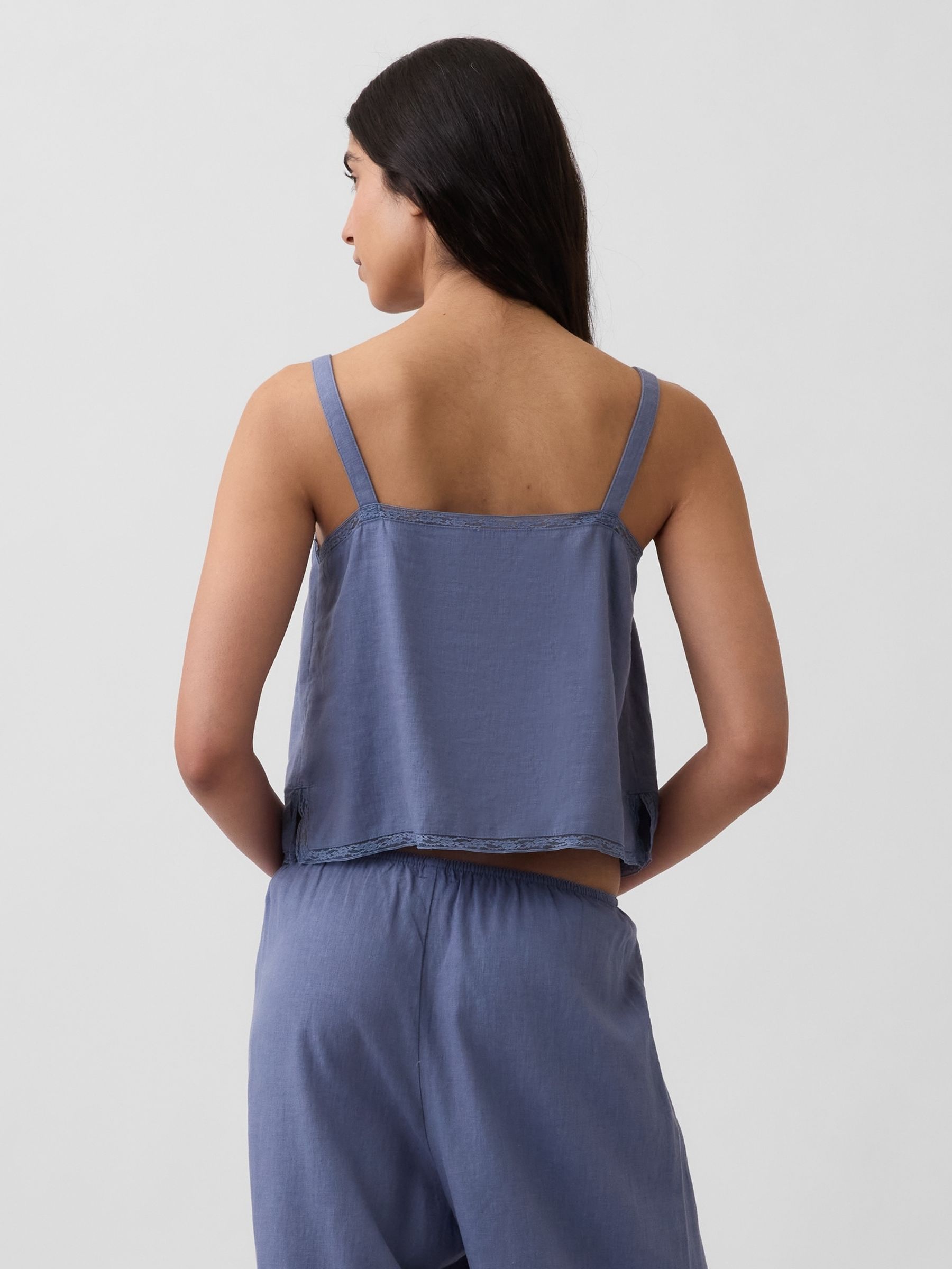 Blue Linen-Blend Pintuck Crop Pyjama Vest - Image 2 of 4