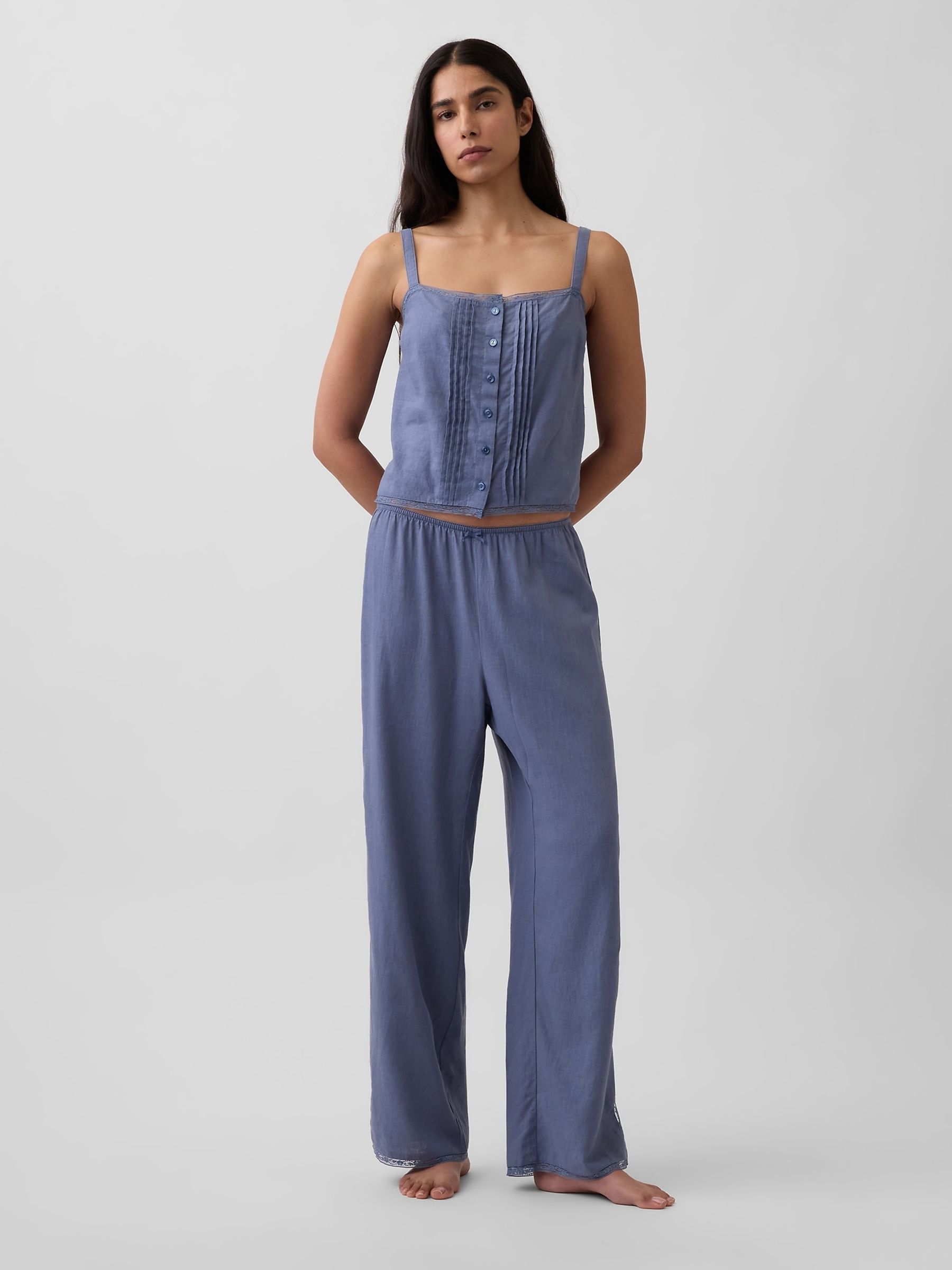 Blue Linen-Blend Pintuck Crop Pyjama Vest - Image 3 of 4