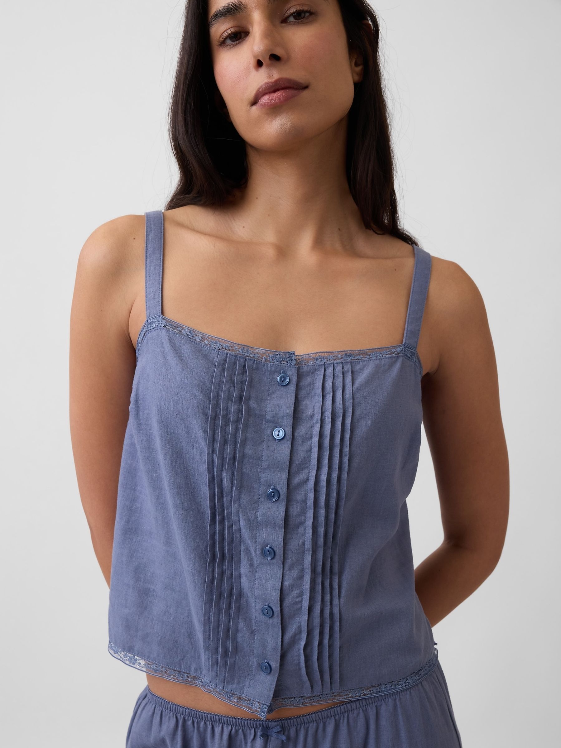 Blue Linen-Blend Pintuck Crop Pyjama Vest - Image 4 of 4