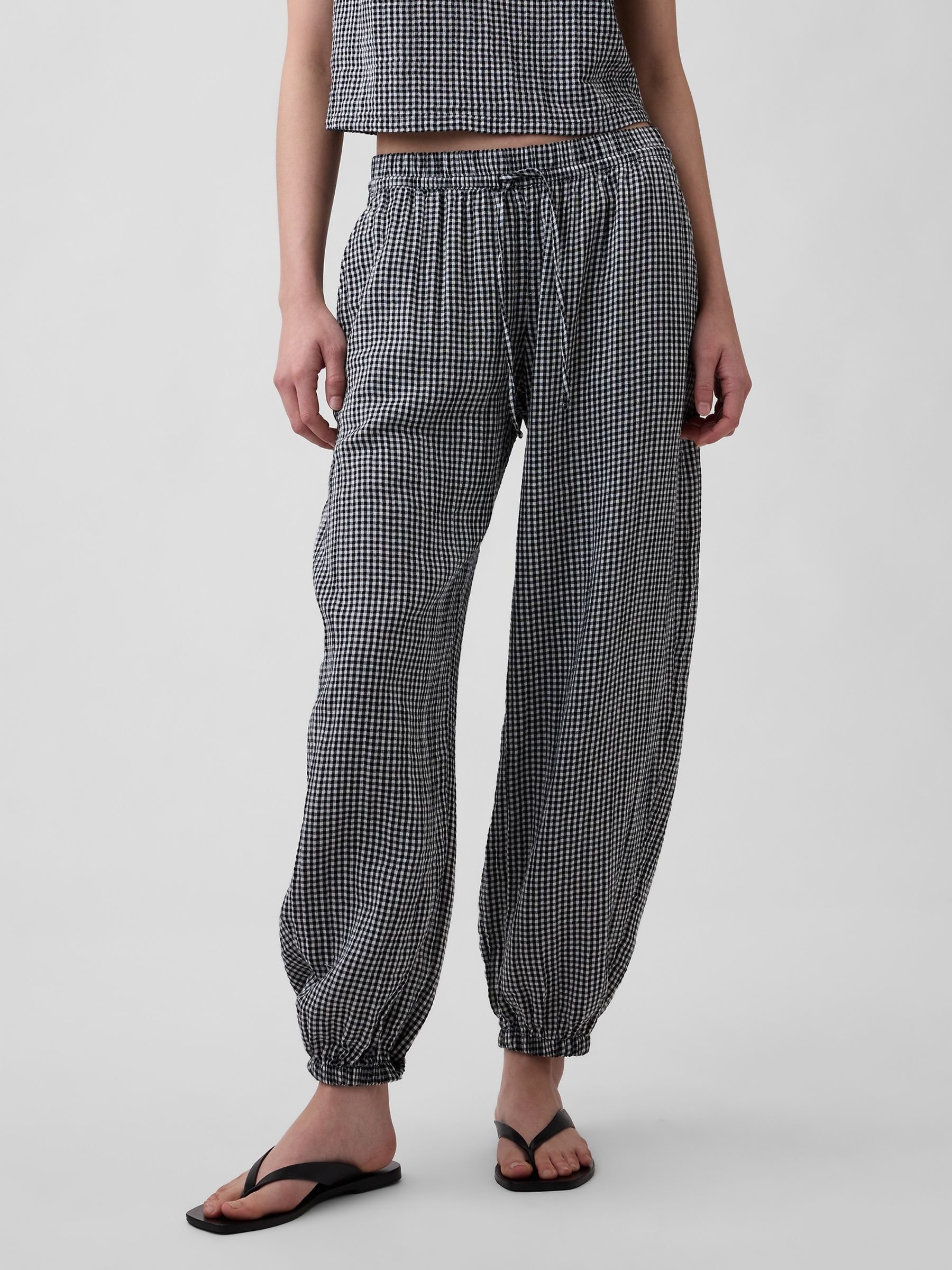 Black Gingham Cotton Gauze Barrel Cuffed Trousers - Image 1 of 4