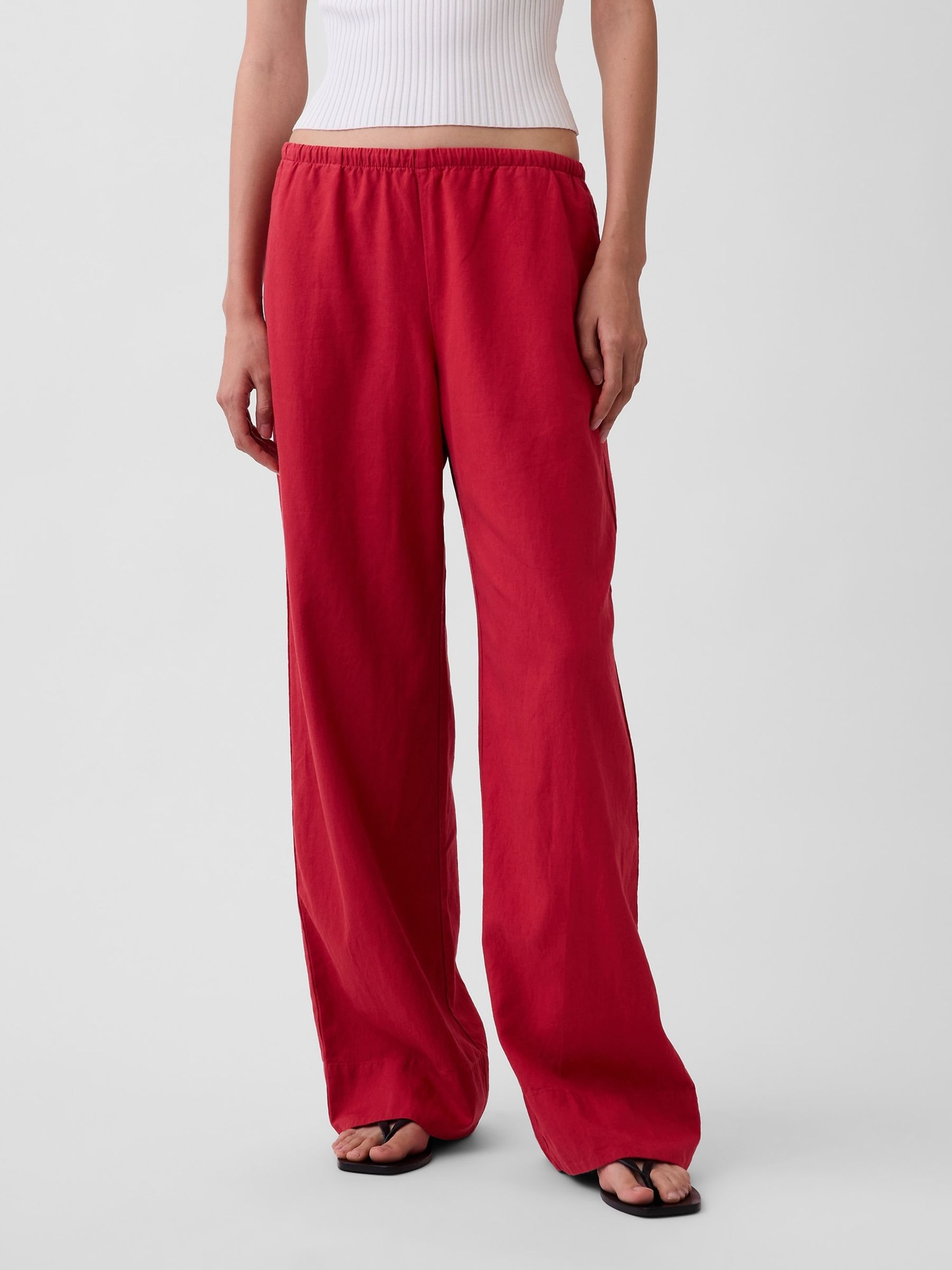 Red Linen-Blend Relaxed Wide-Leg Trousers - Image 1 of 4