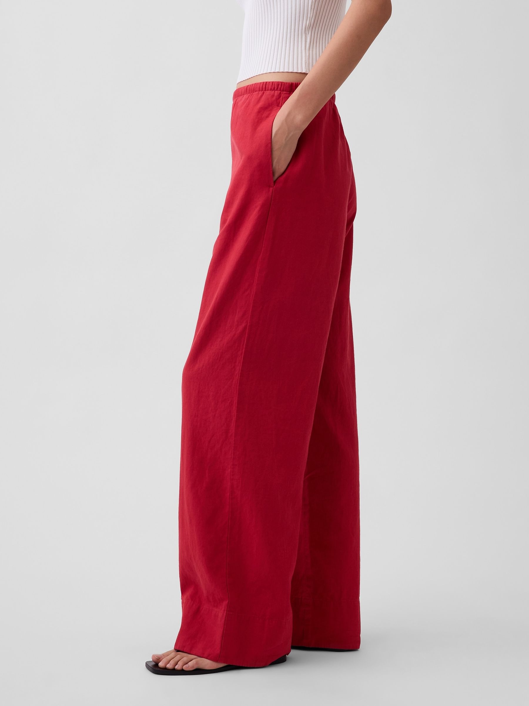 Red Linen-Blend Relaxed Wide-Leg Trousers - Image 3 of 4