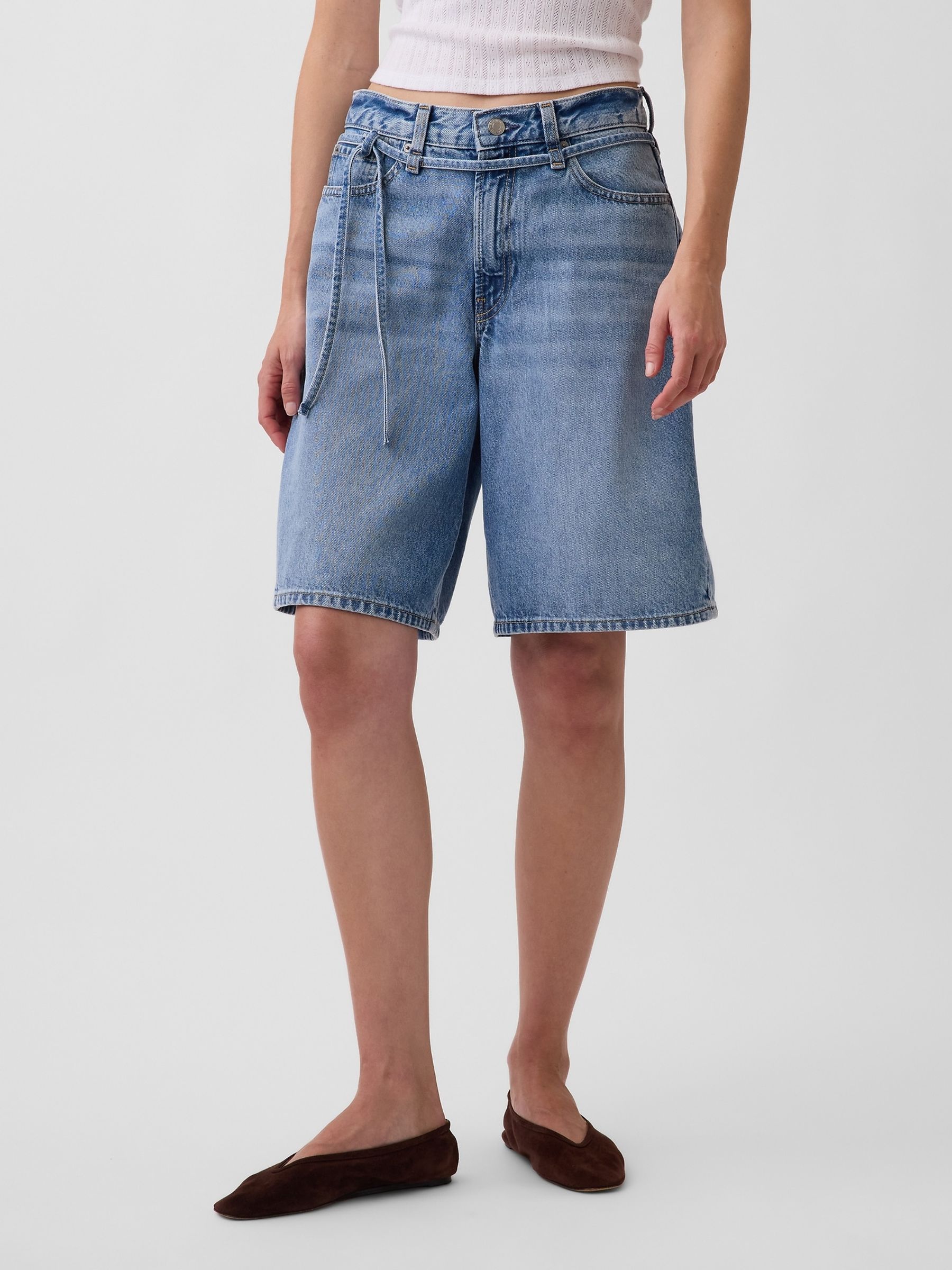 Medium Wash 11 inch Mid Rise Micro Belt Longline Denim Shorts - Image 1 of 4