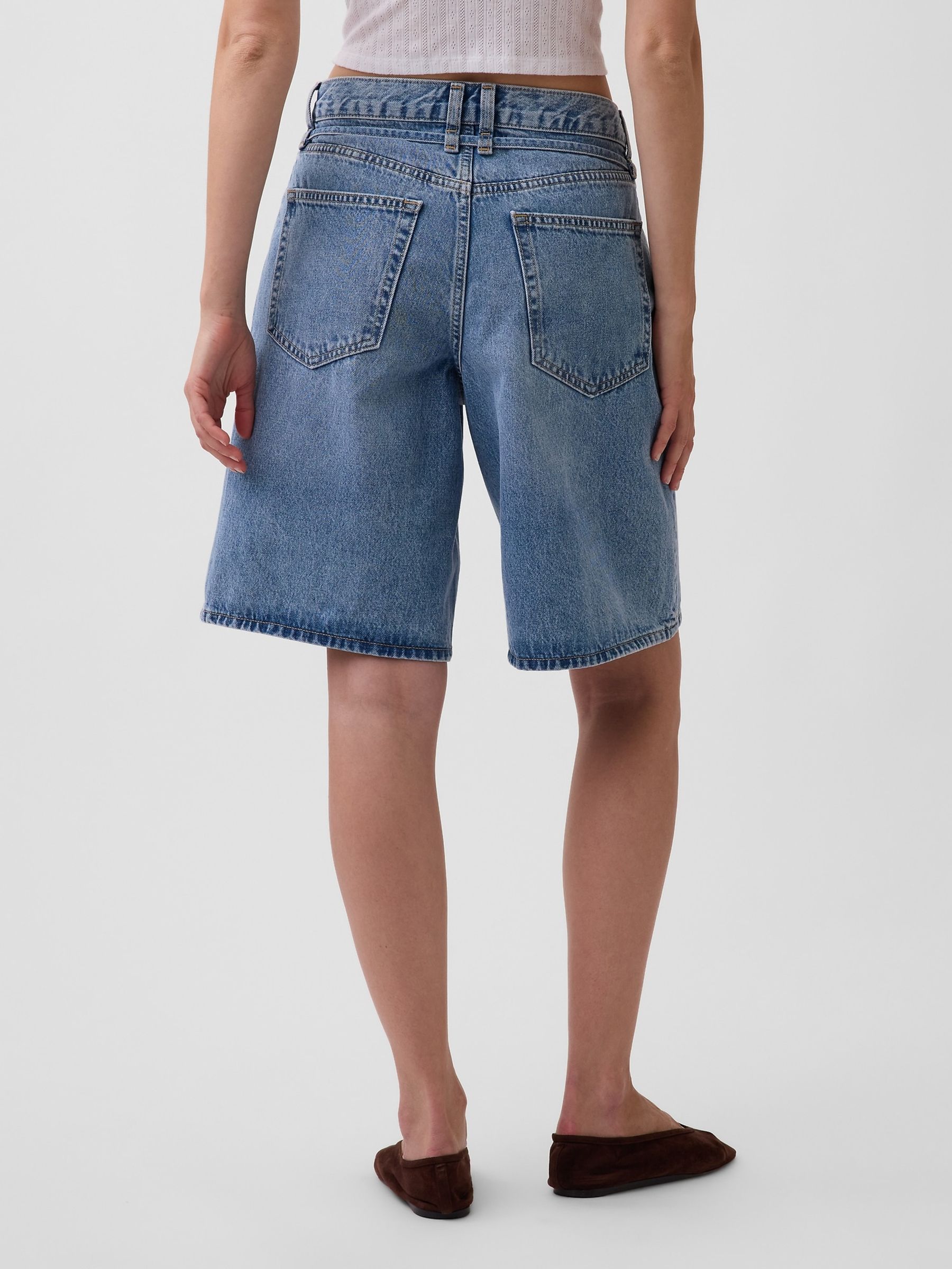 Medium Wash 11 inch Mid Rise Micro Belt Longline Denim Shorts - Image 2 of 4