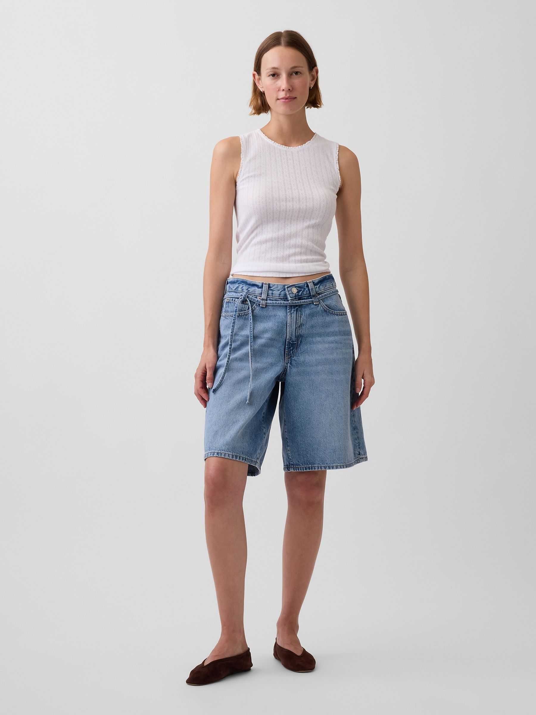 Medium Wash 11 inch Mid Rise Micro Belt Longline Denim Shorts - Image 3 of 4