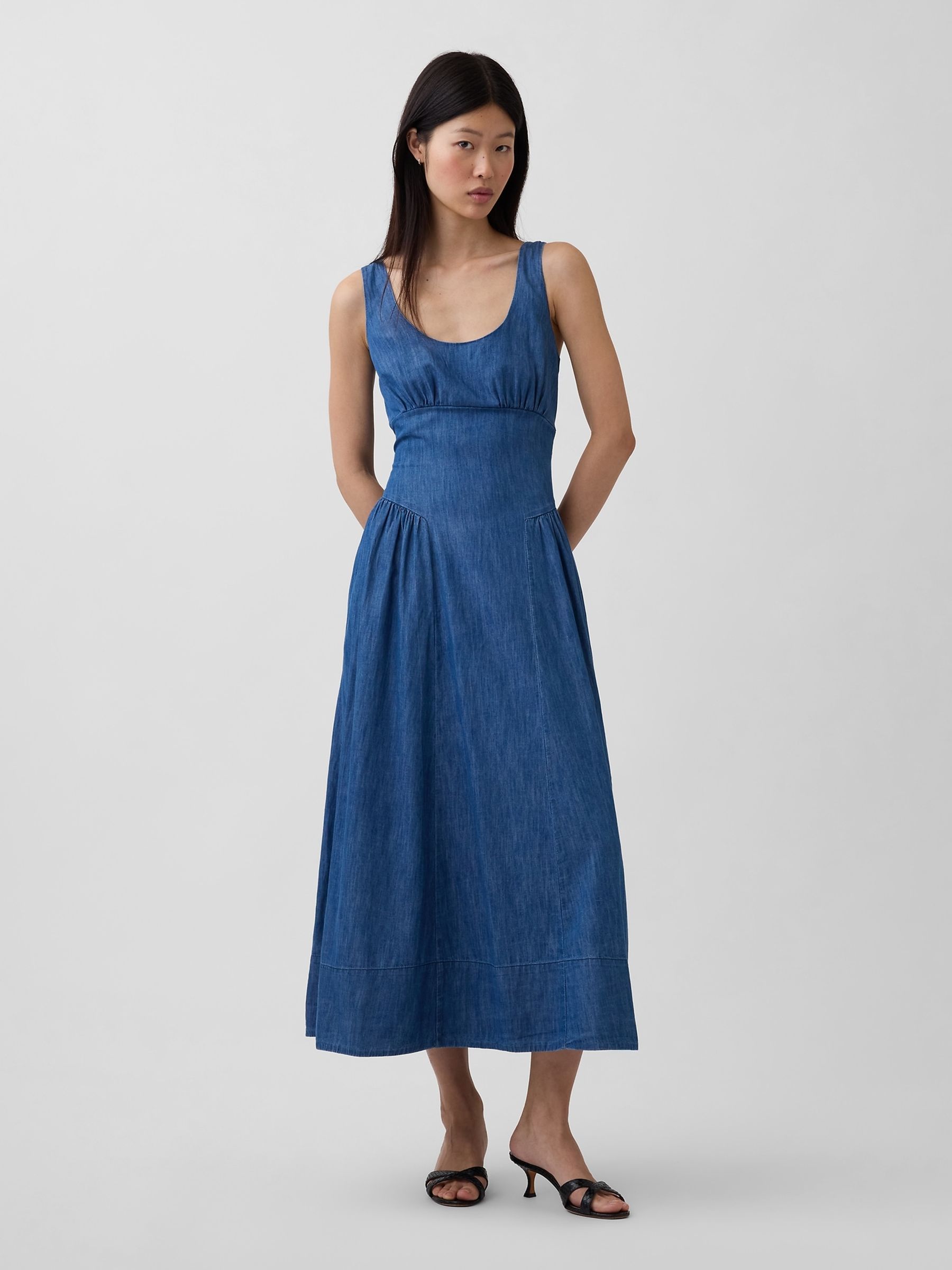Blue Shirred Maxi Dress - Image 1 of 3 Blue Shirred Maxi Dress - Image 1 of 3
