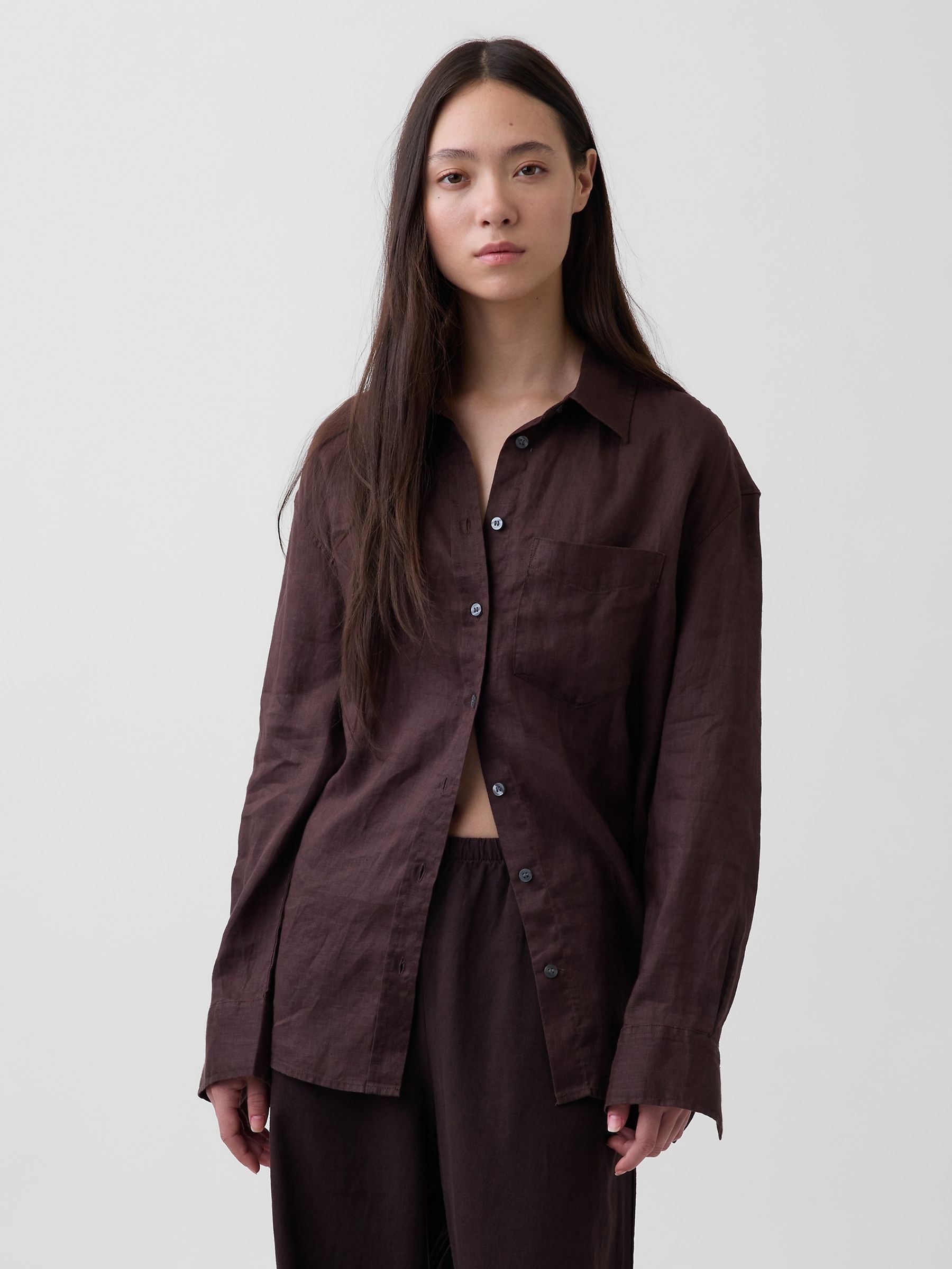 Brown Linen Oversized Shirt - Image 1 of 4