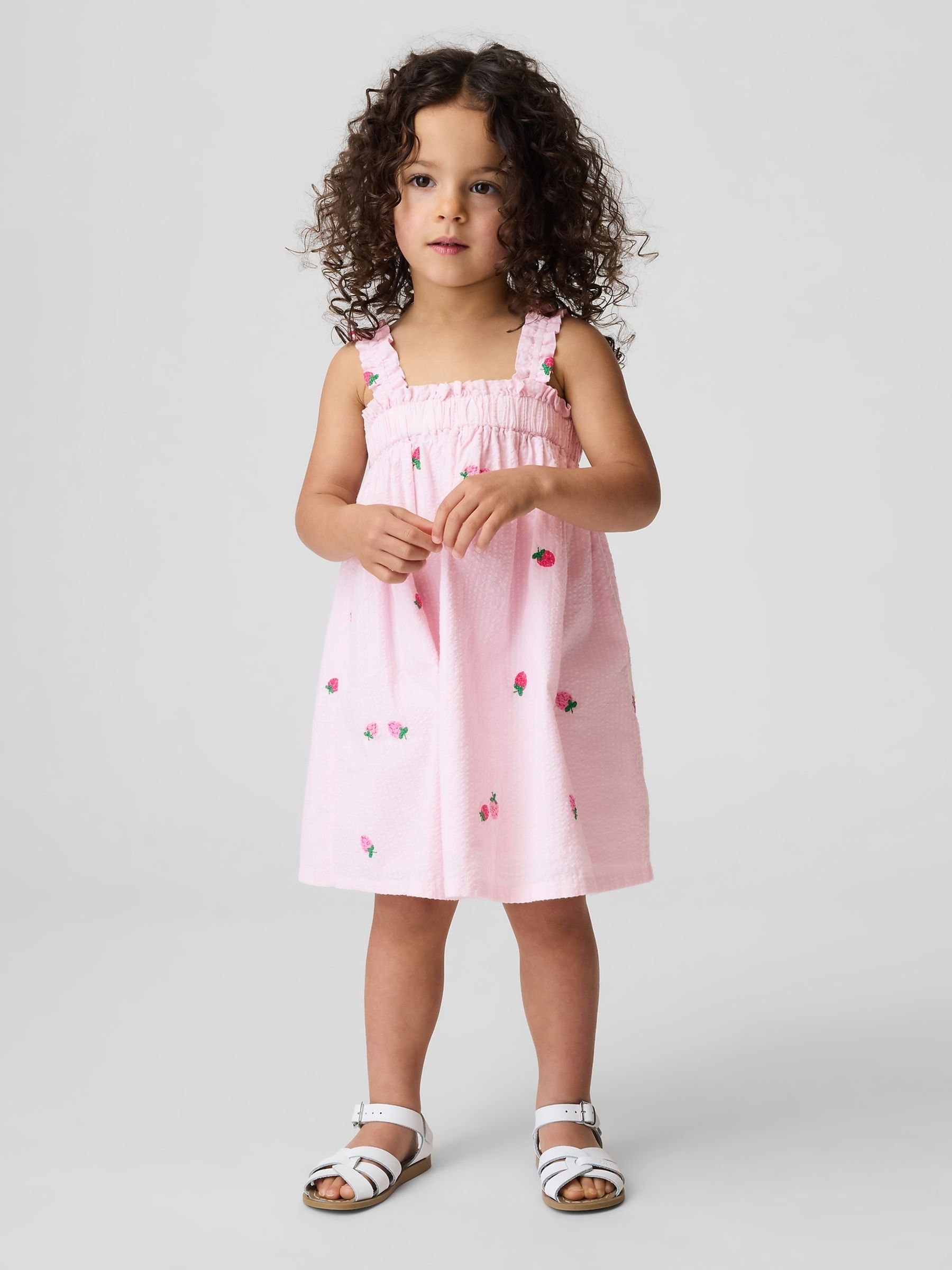Pink Strawberry Seersucker Embroidered Dress - Image 1 of 4