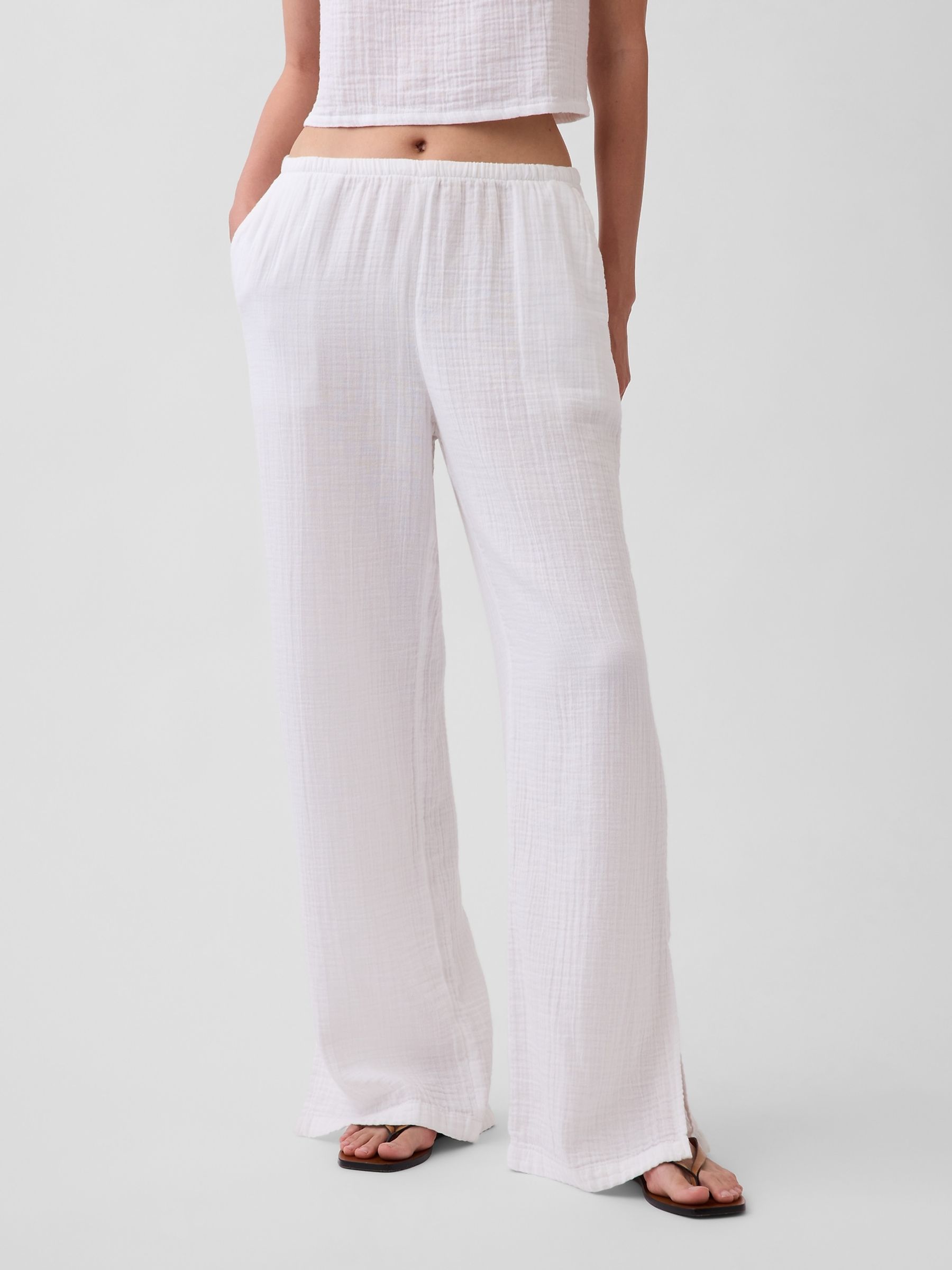 White Cotton Gauze Easy Split-Hem Trousers - Image 1 of 4 White Cotton Gauze Easy Split-Hem Trousers - Image 1 of 4