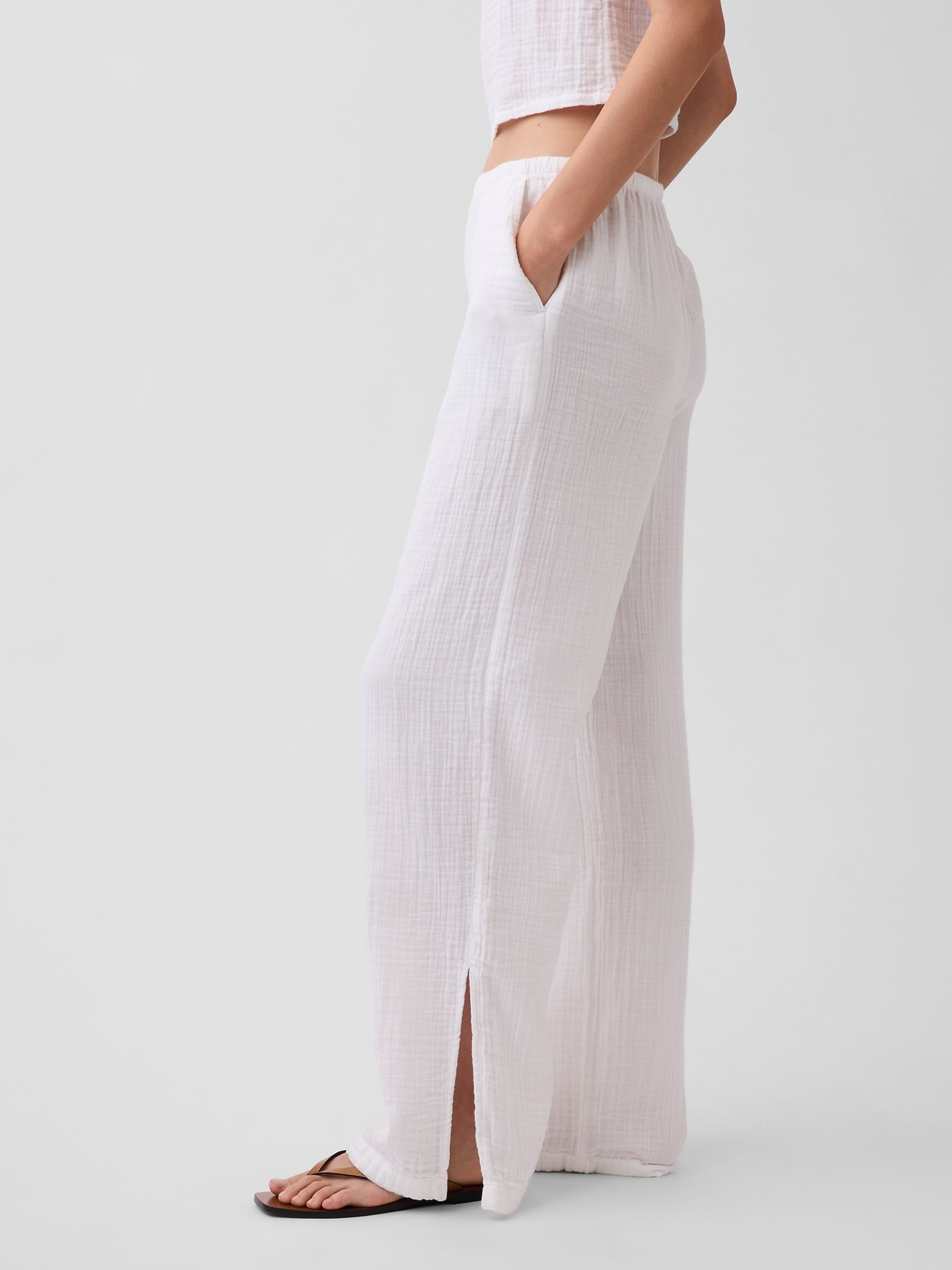 White Cotton Gauze Easy Split-Hem Trousers - Image 3 of 4