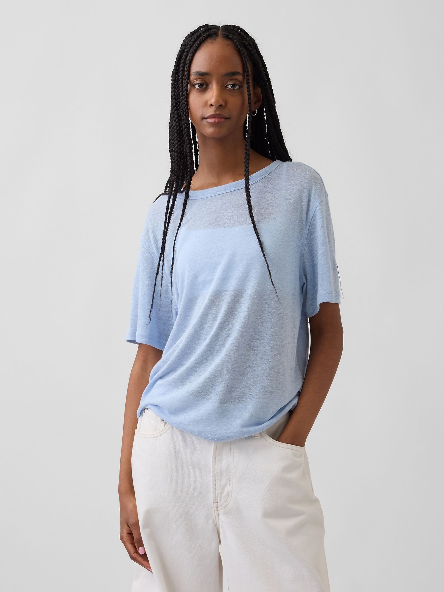 Blue Linen-Blend Relaxed T-Shirt - Image 1 of 4