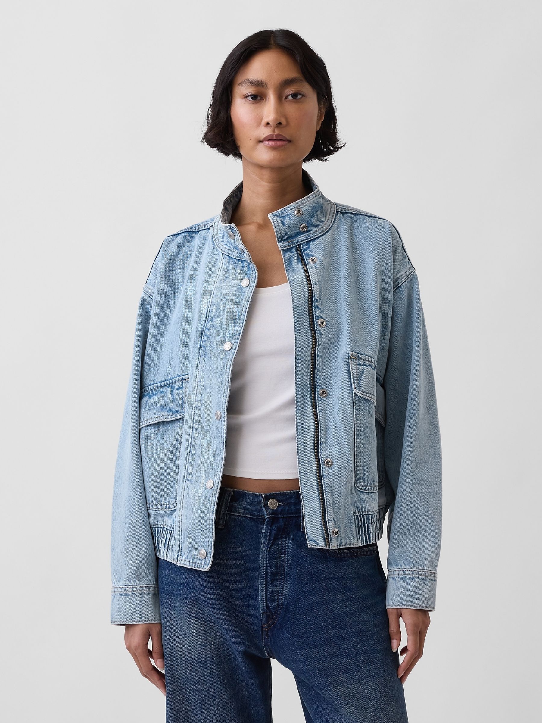 Light Wash Oversized Denim Bomber Jacket - Image 1 of 5