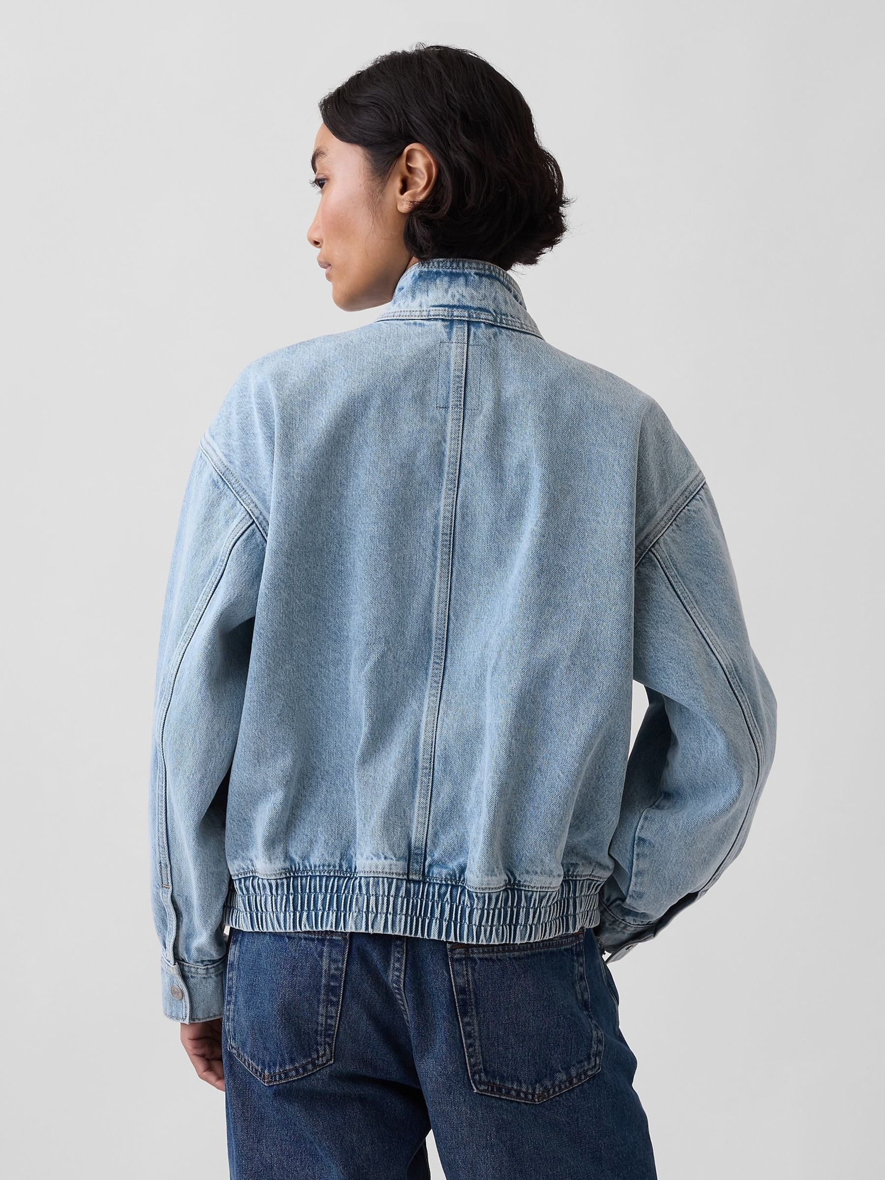 Light Wash Oversized Denim Bomber Jacket - Image 2 of 5 Light Wash Oversized Denim Bomber Jacket - Image 2 of 5