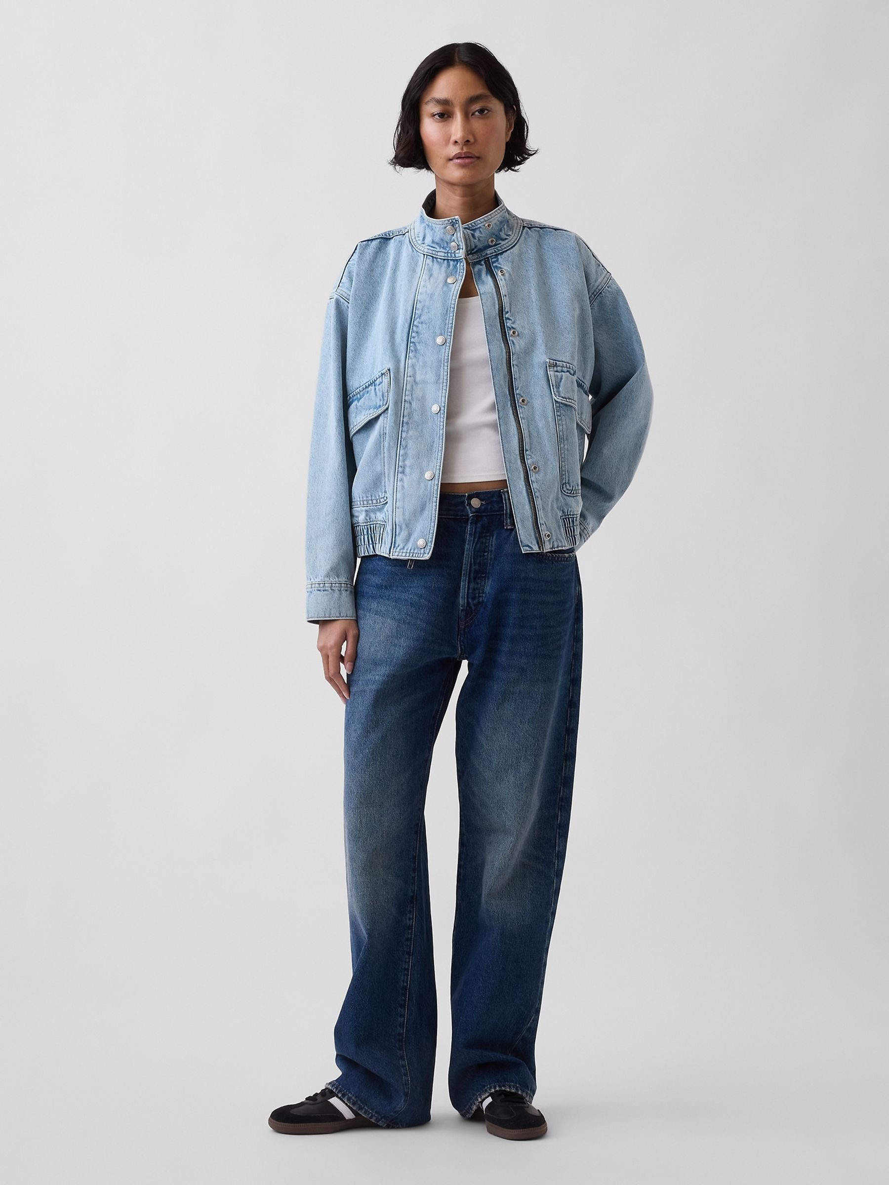 Light Wash Oversized Denim Bomber Jacket - Image 3 of 5