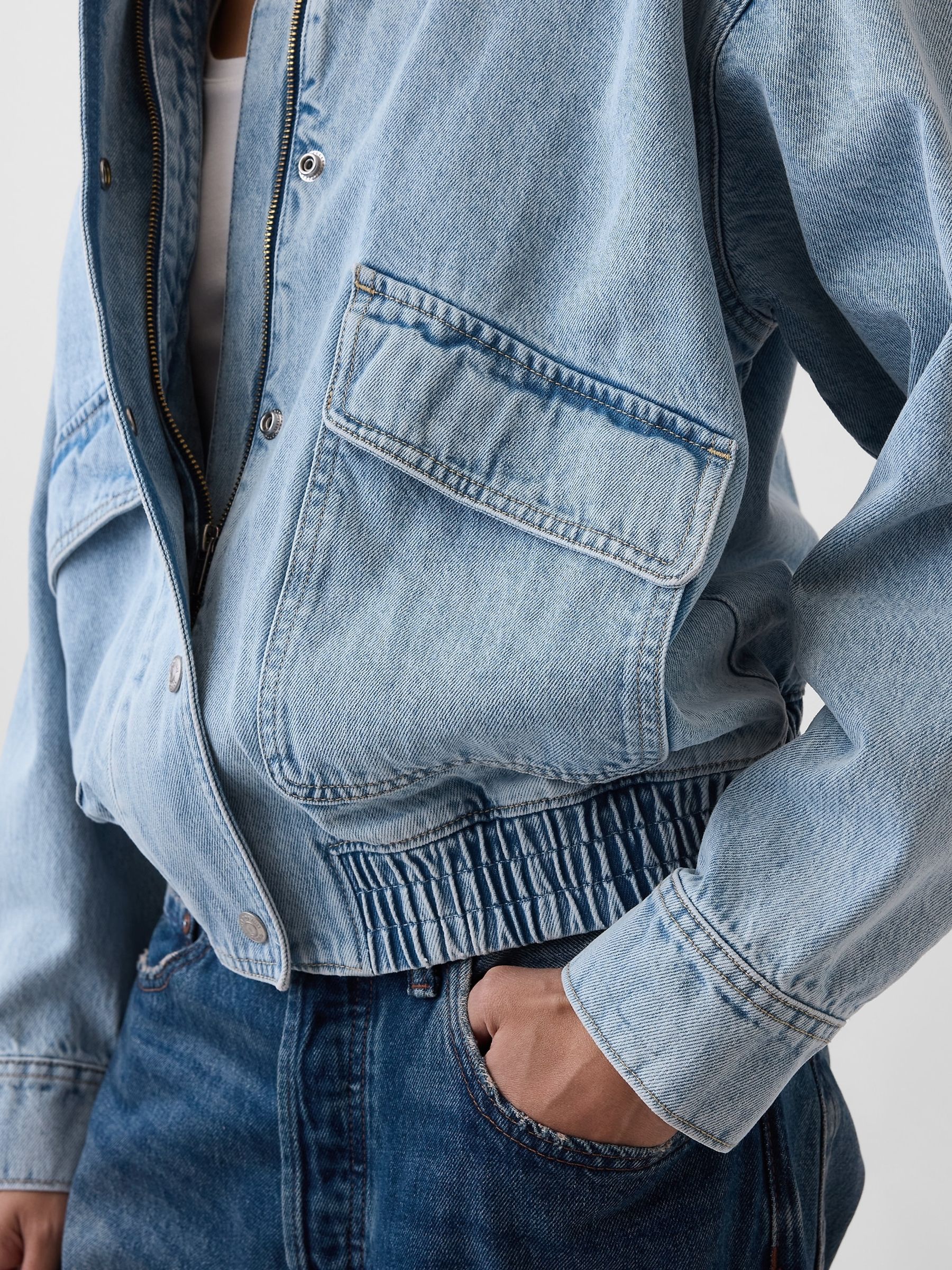 Light Wash Oversized Denim Bomber Jacket - Image 5 of 5 Light Wash Oversized Denim Bomber Jacket - Image 5 of 5