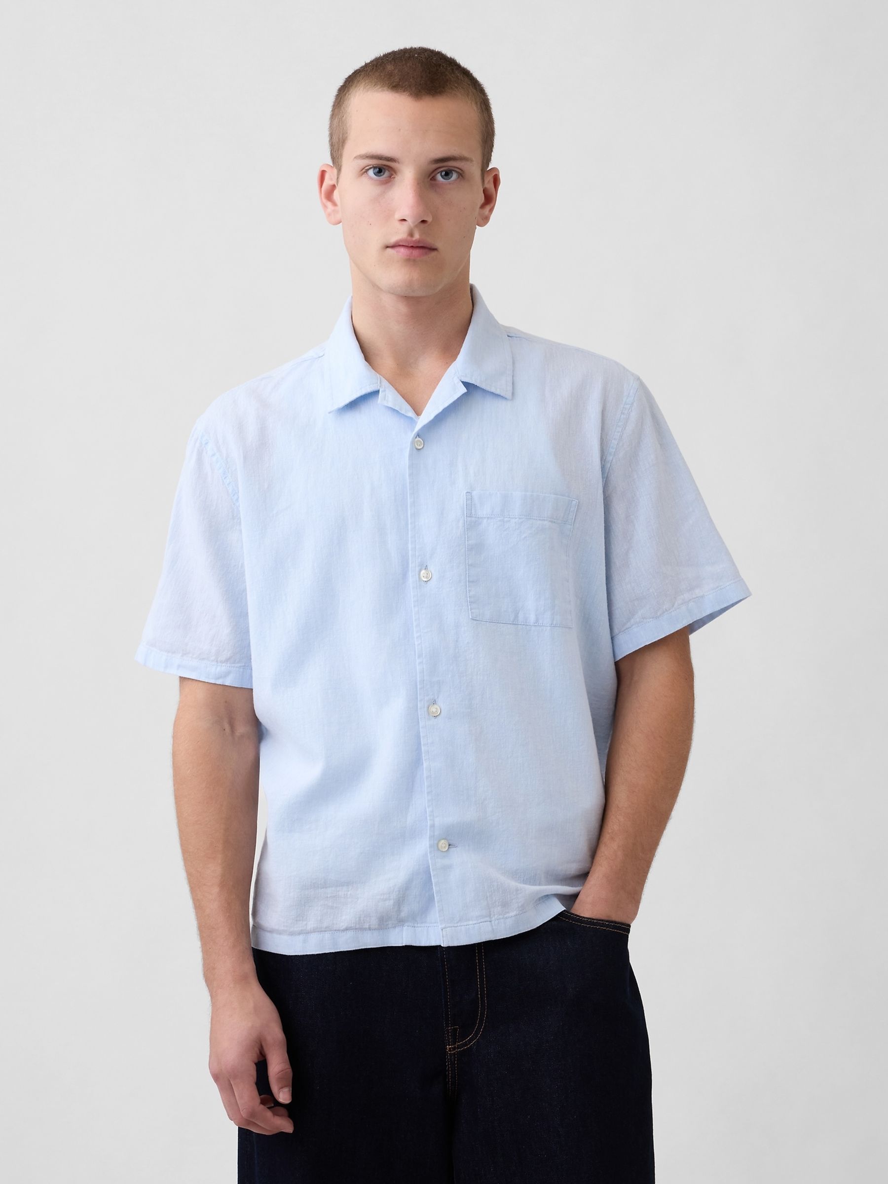Blue Linen-Cotton Relaxed Straight-Hem Shirt - Image 1 of 4