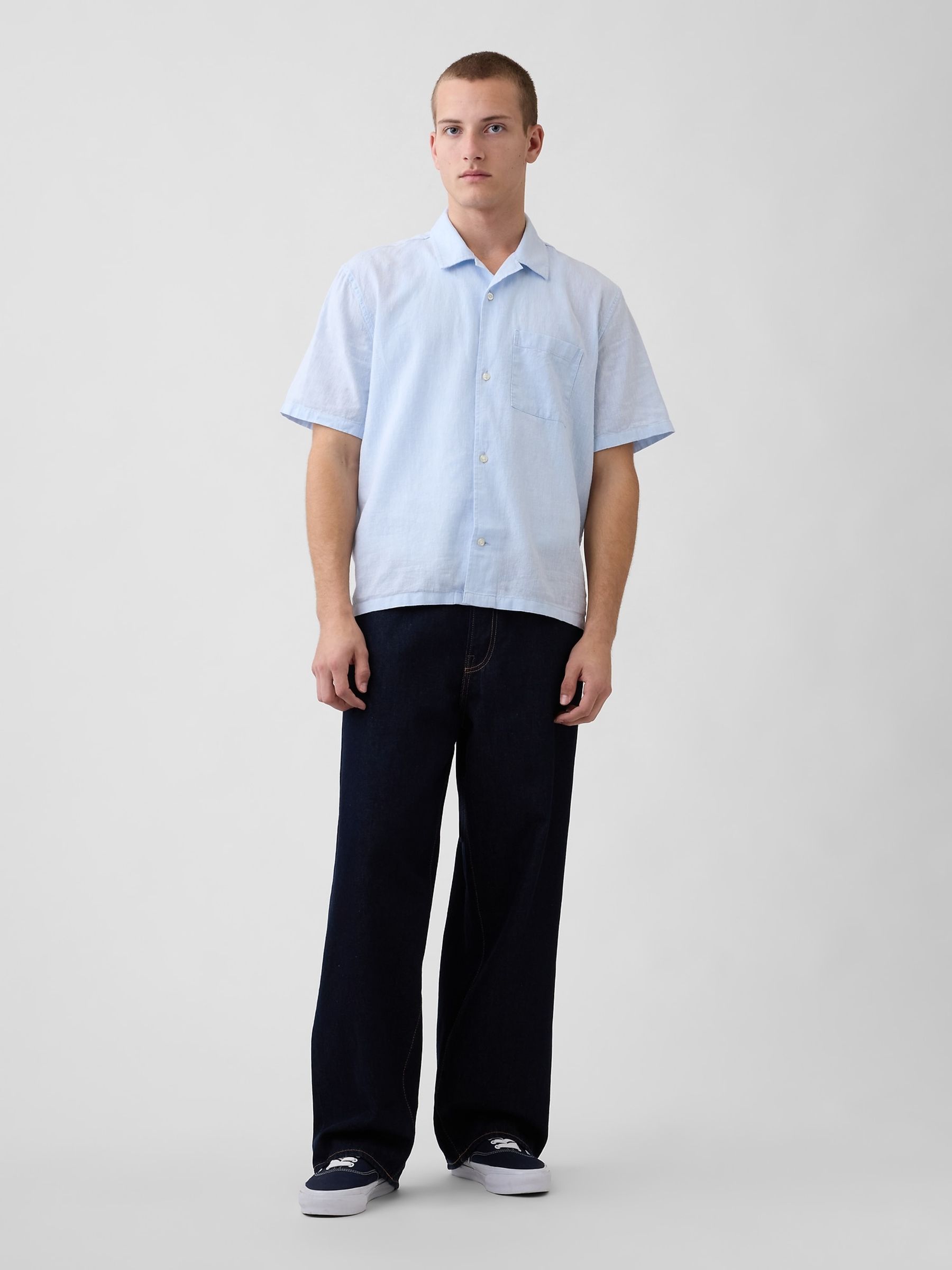 Blue Linen-Cotton Relaxed Straight-Hem Shirt - Image 3 of 4