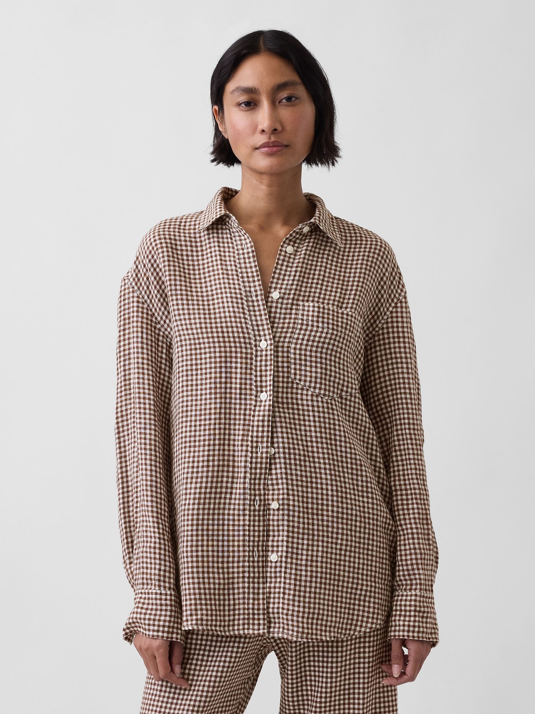 Brown Gingham Linen Oversized Shirt - Image 1 of 3