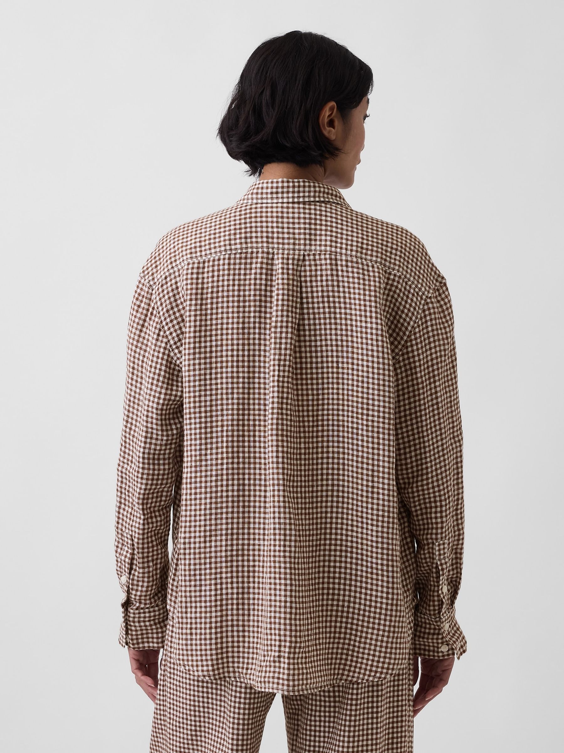 Brown Gingham Linen Oversized Shirt - Image 2 of 3 Brown Gingham Linen Oversized Shirt - Image 2 of 3