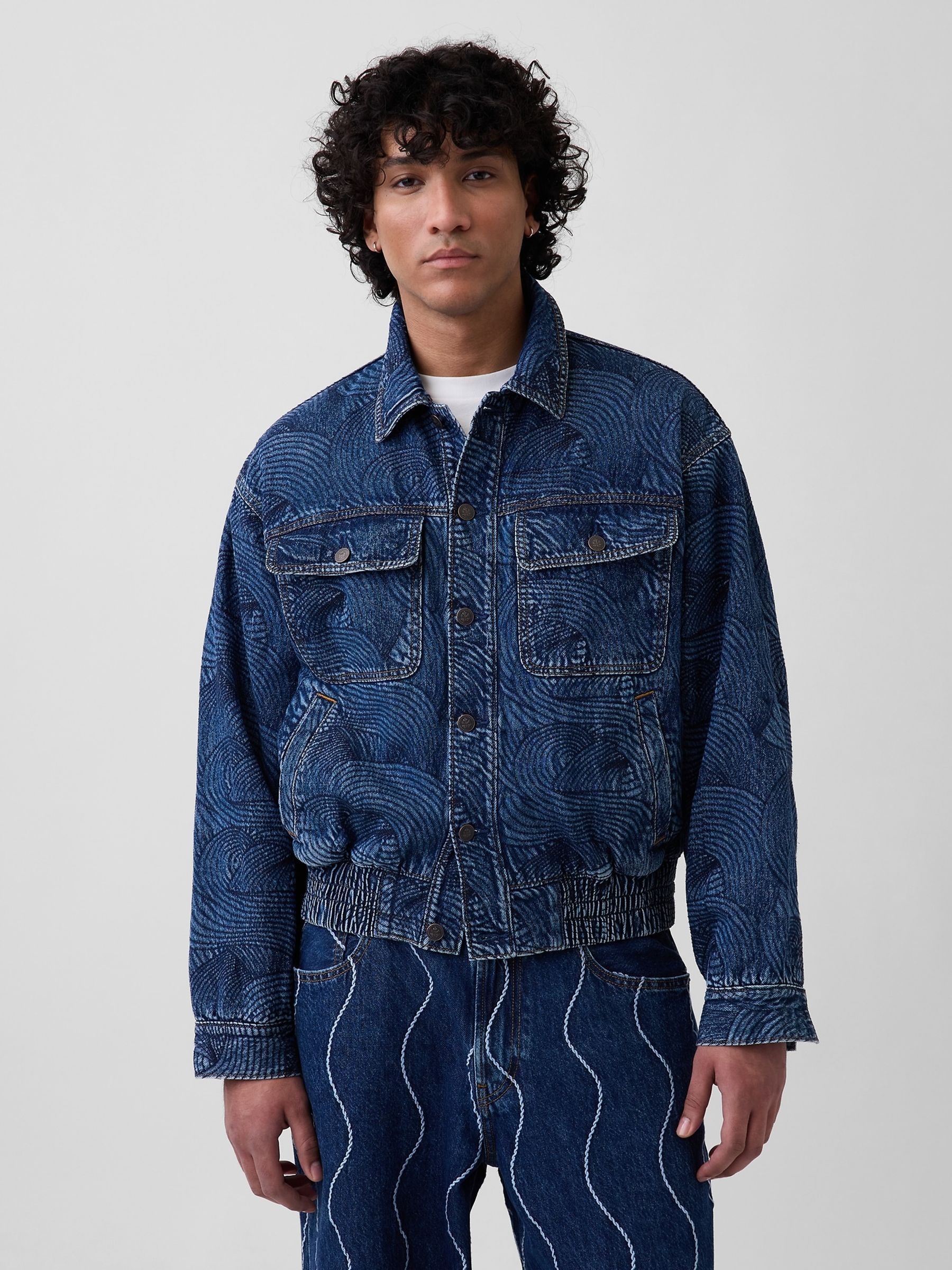 Gap x Harlem's Mid Wash Fashion Row Embroidered Denim Bomber Jacket - Image 1 of 4
