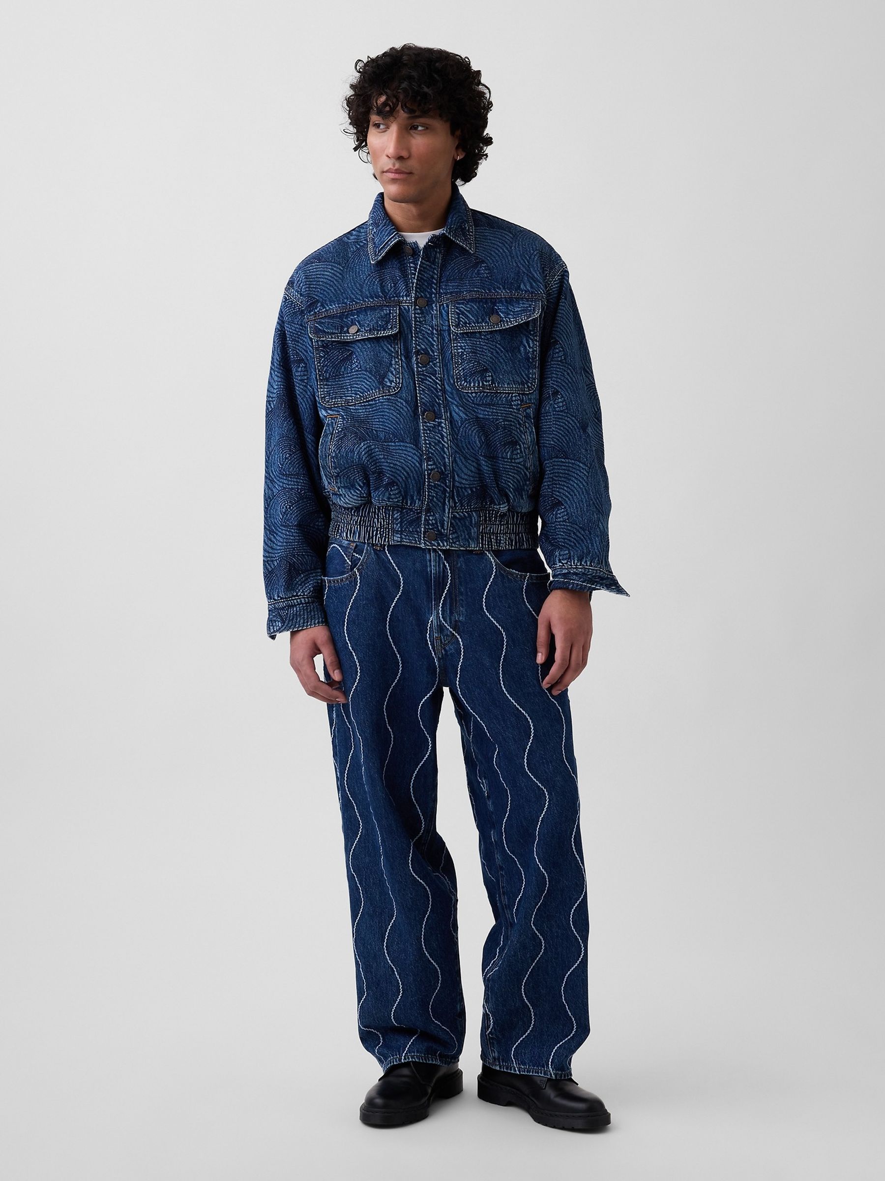 Gap x Harlem's Mid Wash Fashion Row Embroidered Denim Bomber Jacket - Image 3 of 4