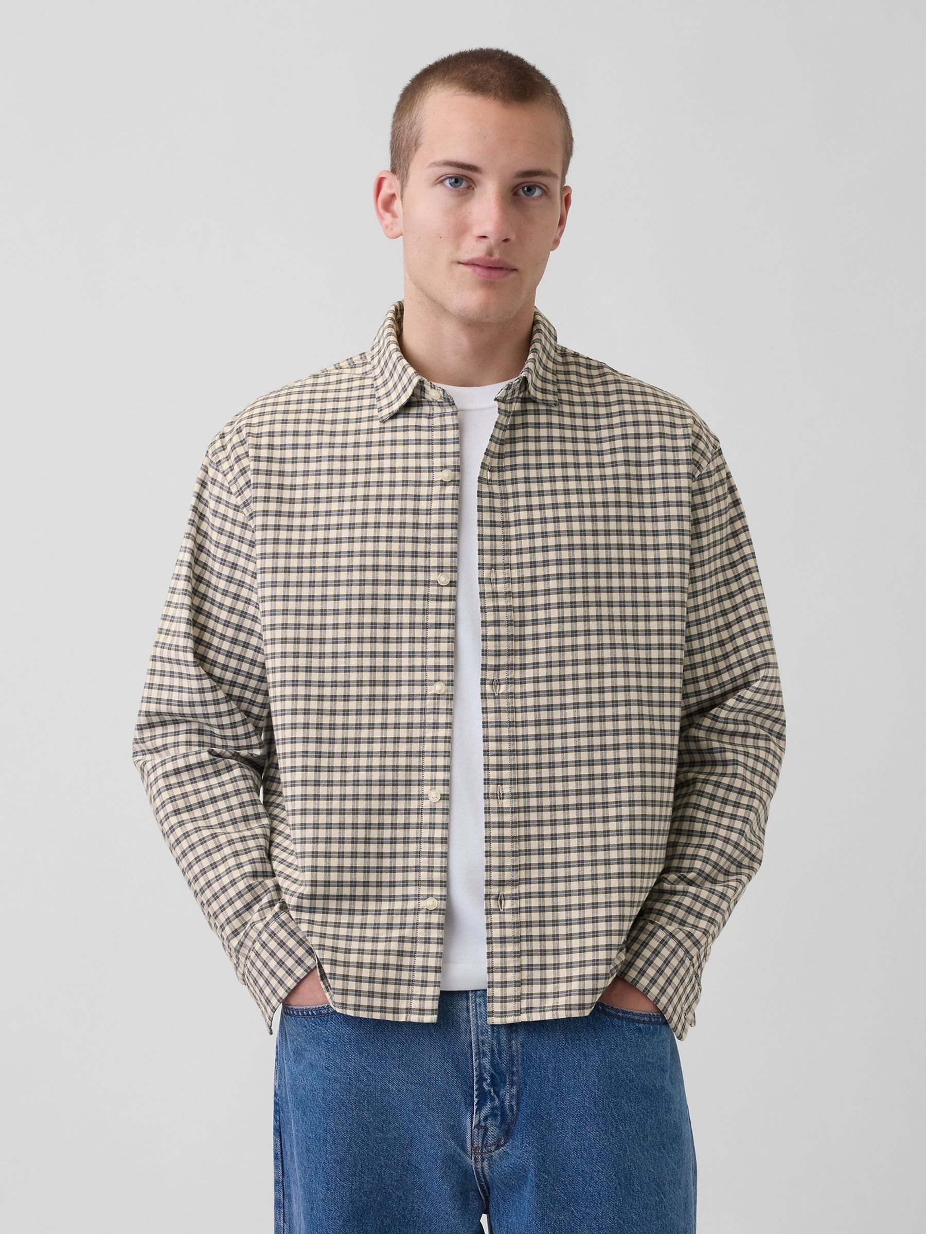 Cream check Relaxed Straight-Hem Oxford Shirt - Image 1 of 4