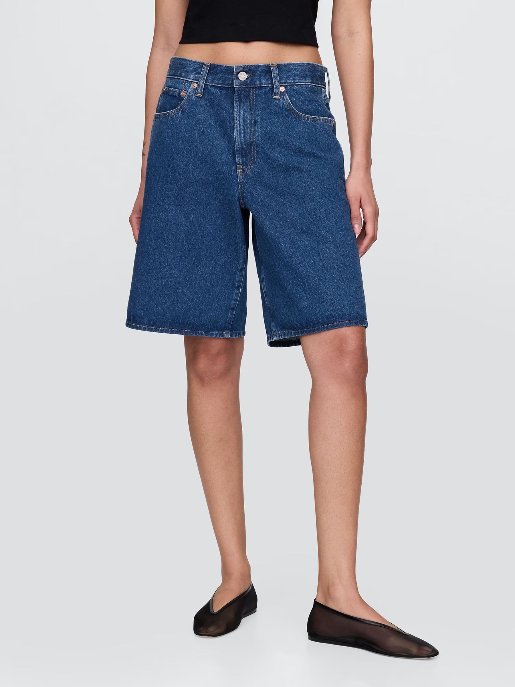 Dark wash 11inch Mid Rise Longline Denim Shorts - Image 1 of 7