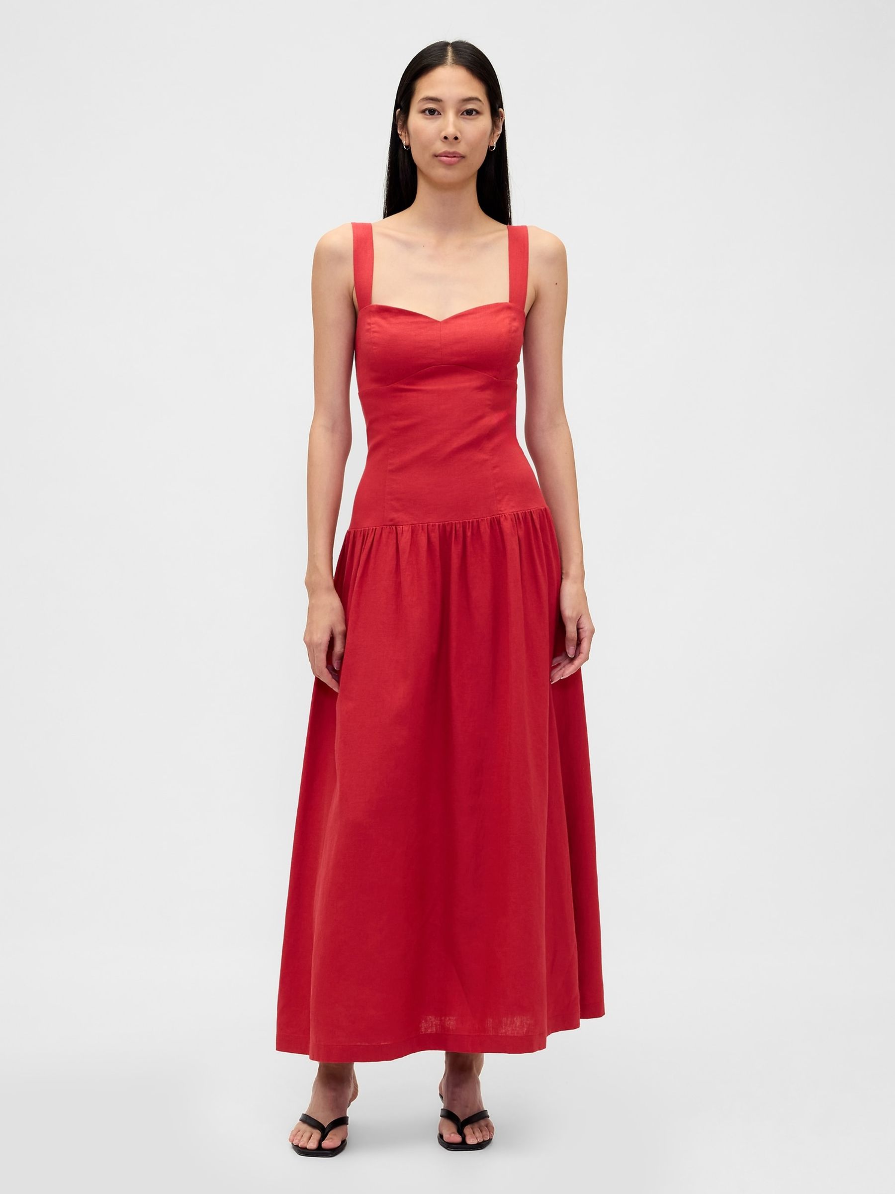 Red Linen Blend Drop Waist Corset Maxi Dress - Image 1 of 4
