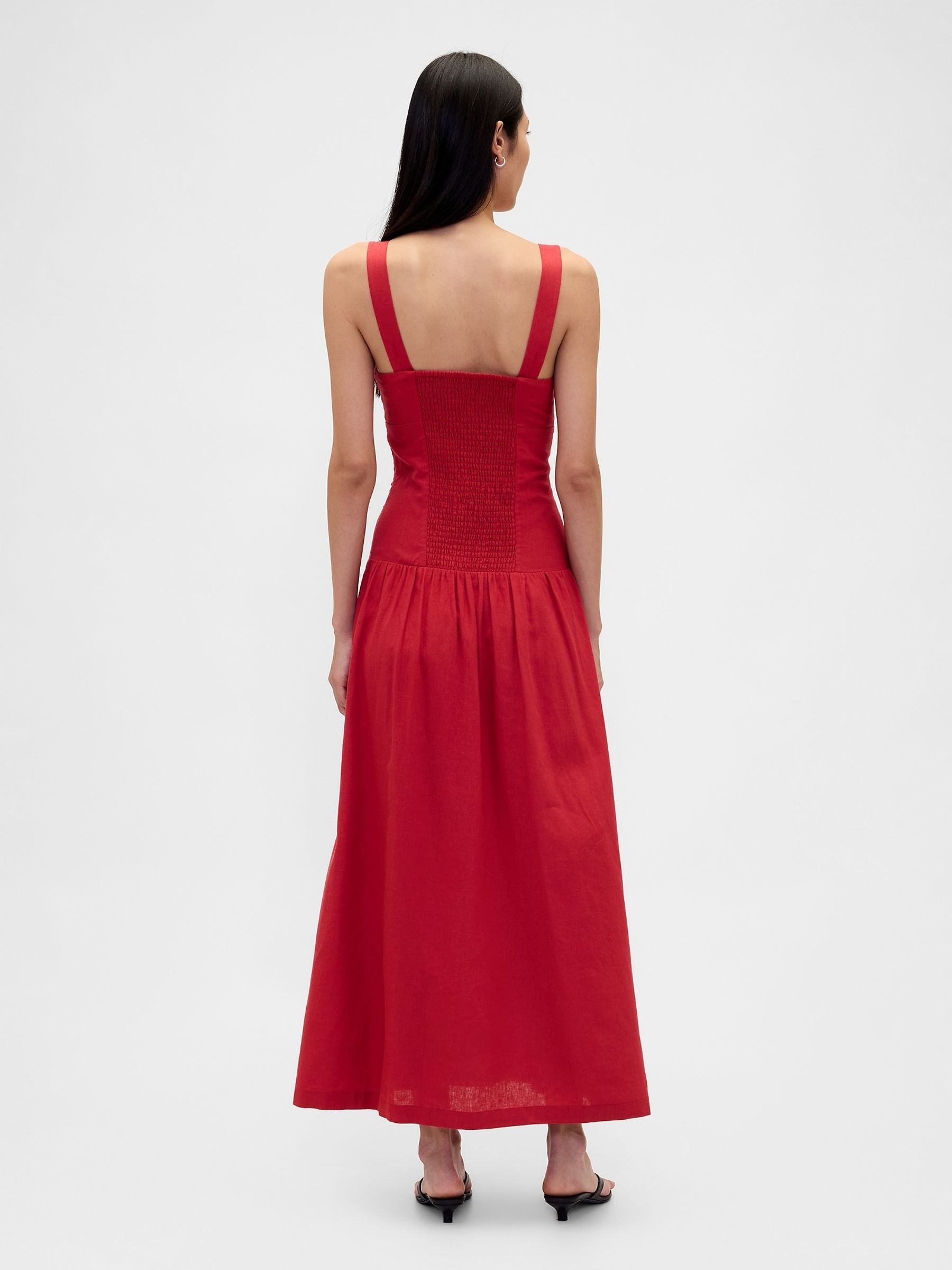 Red Linen Blend Drop Waist Corset Maxi Dress - Image 2 of 4 Red Linen Blend Drop Waist Corset Maxi Dress - Image 2 of 4