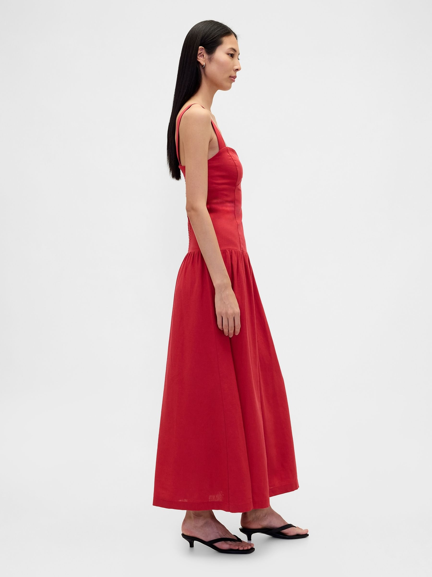 Red Linen Blend Drop Waist Corset Maxi Dress - Image 3 of 4