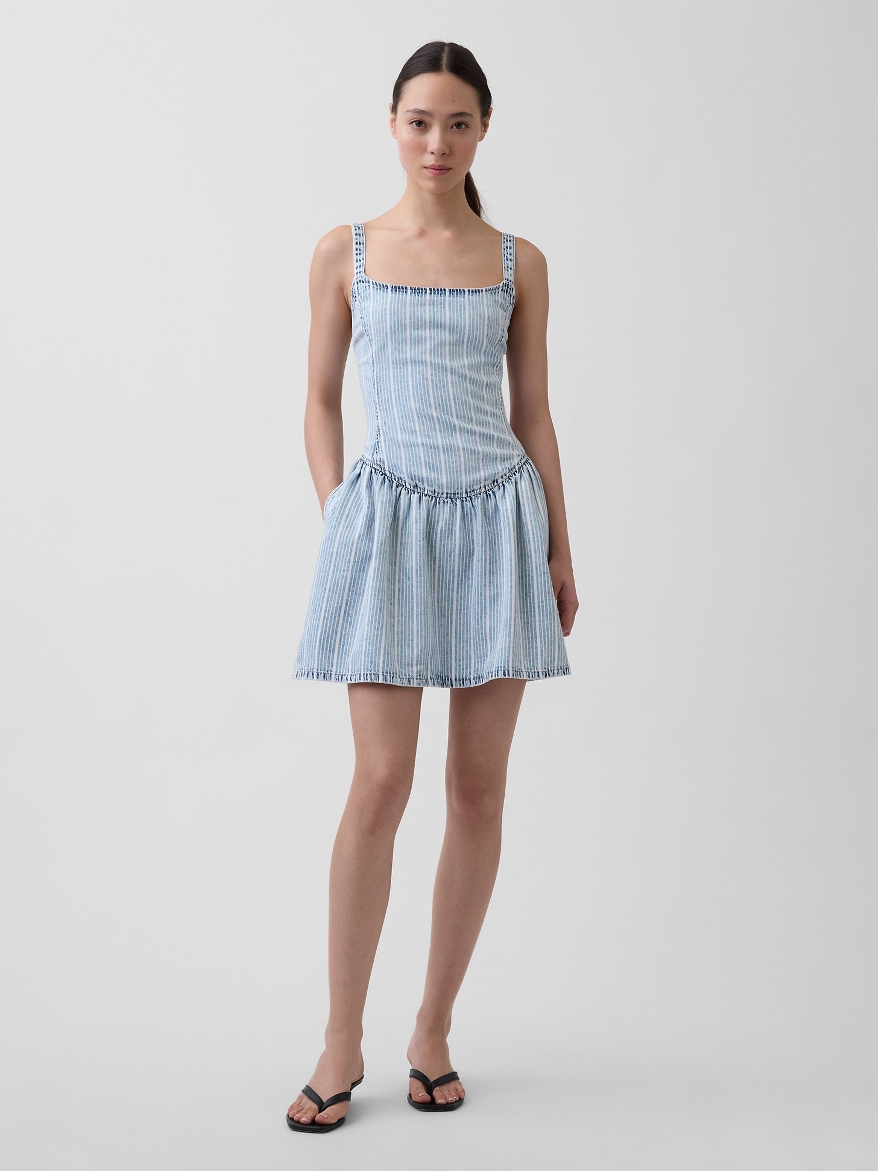 Light Wash UltraSoft Denim Stripe Drop-Waist Mini Dress - Image 1 of 9