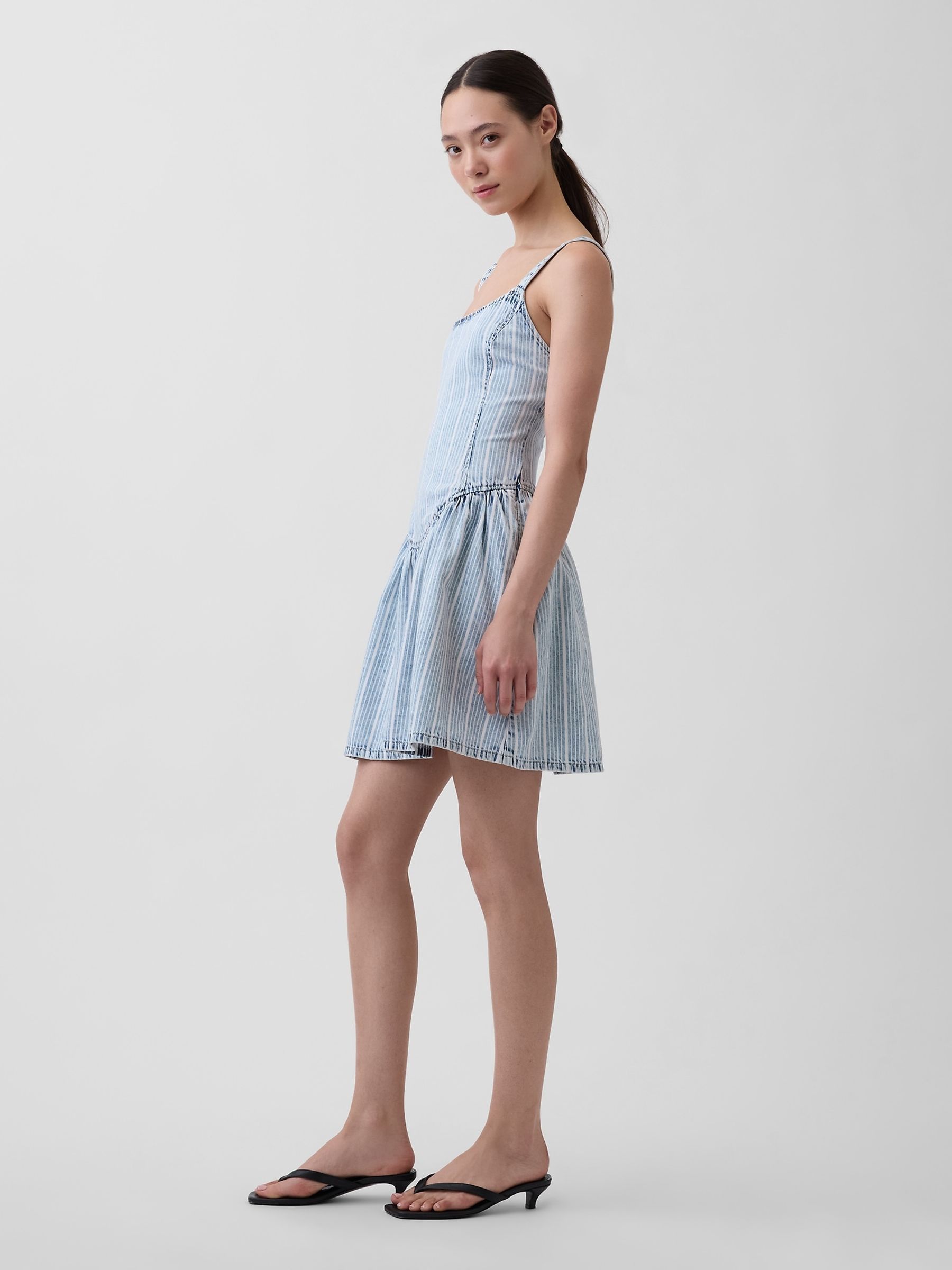 Light Wash UltraSoft Denim Stripe Drop-Waist Mini Dress - Image 3 of 9
