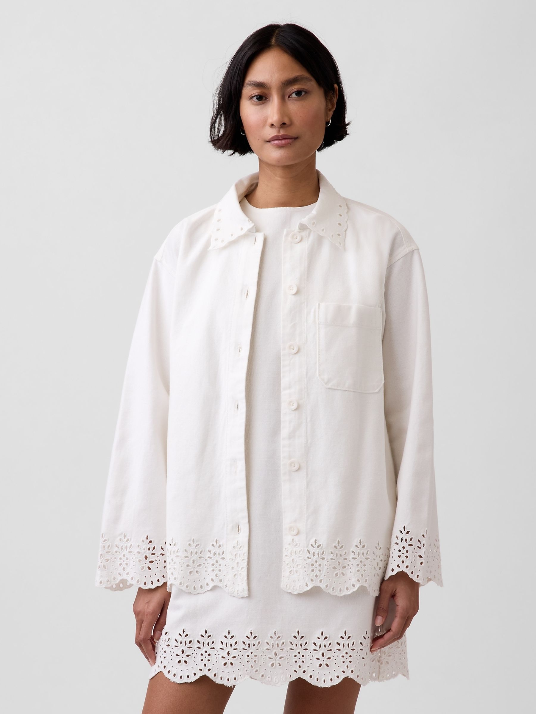 White Eyelet Hem Relaxed Shirt Jacket - Image 1 of 5