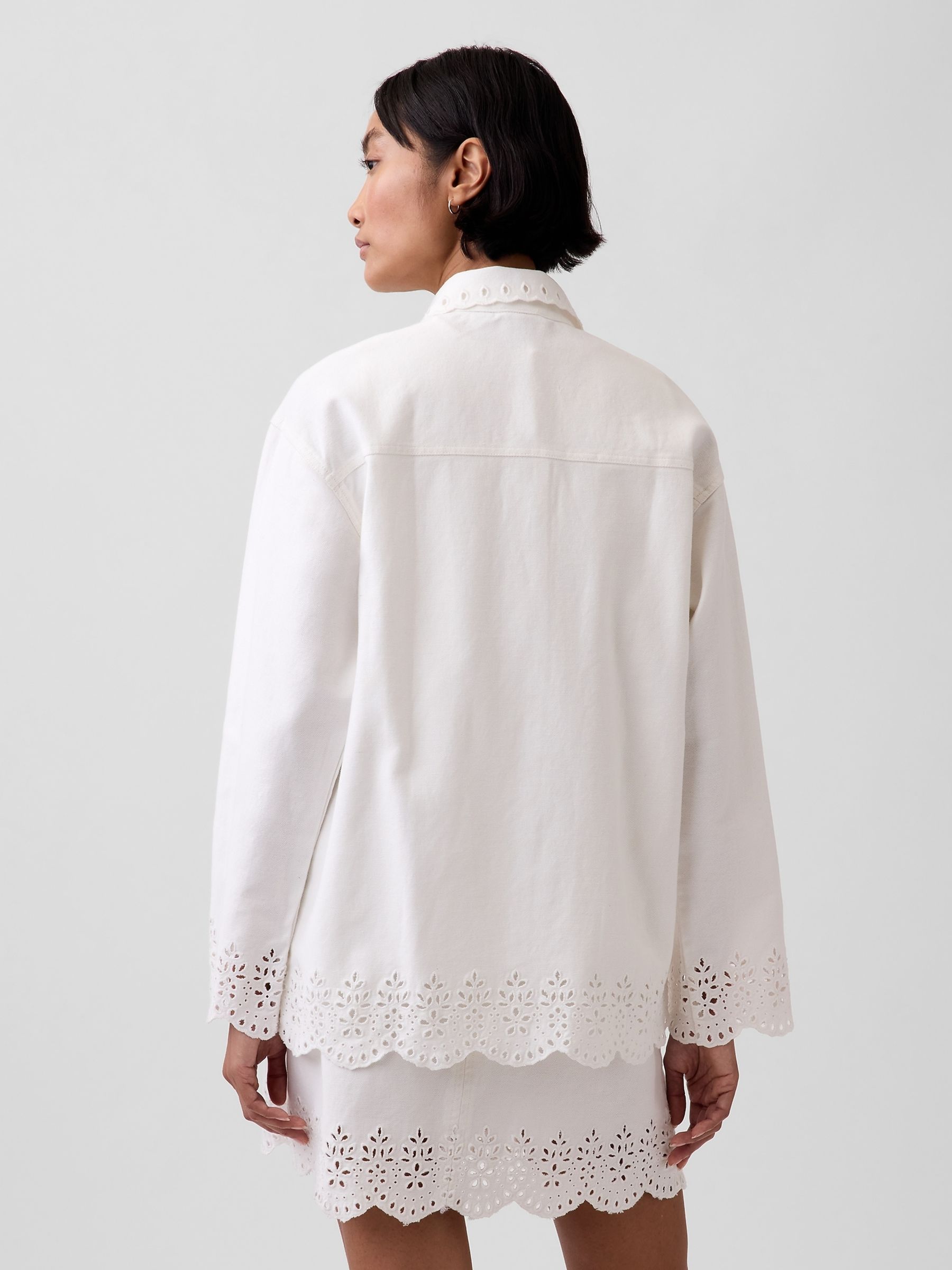 White Eyelet Hem Relaxed Shirt Jacket - Image 2 of 5