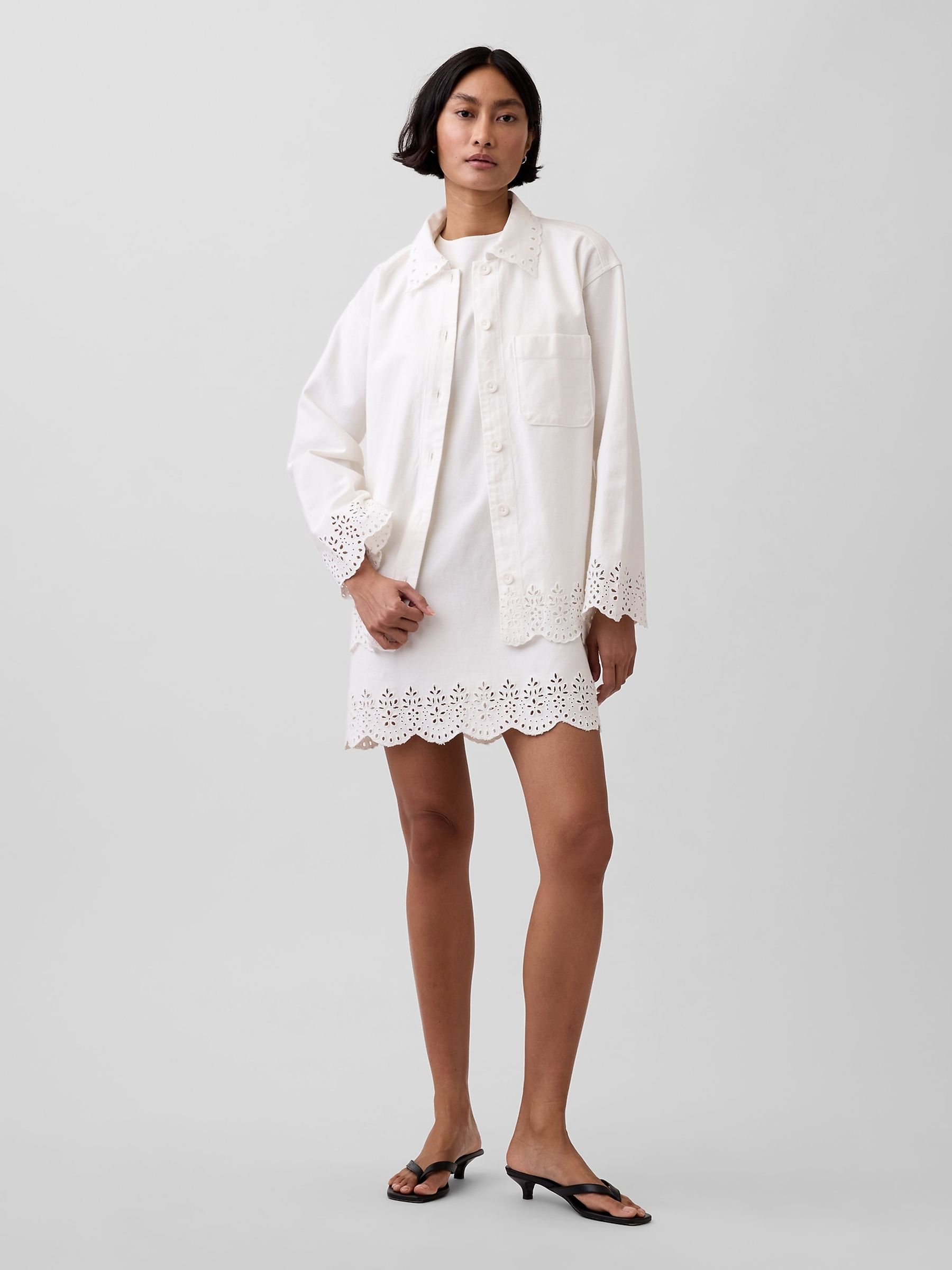 White Eyelet Hem Relaxed Shirt Jacket - Image 3 of 5