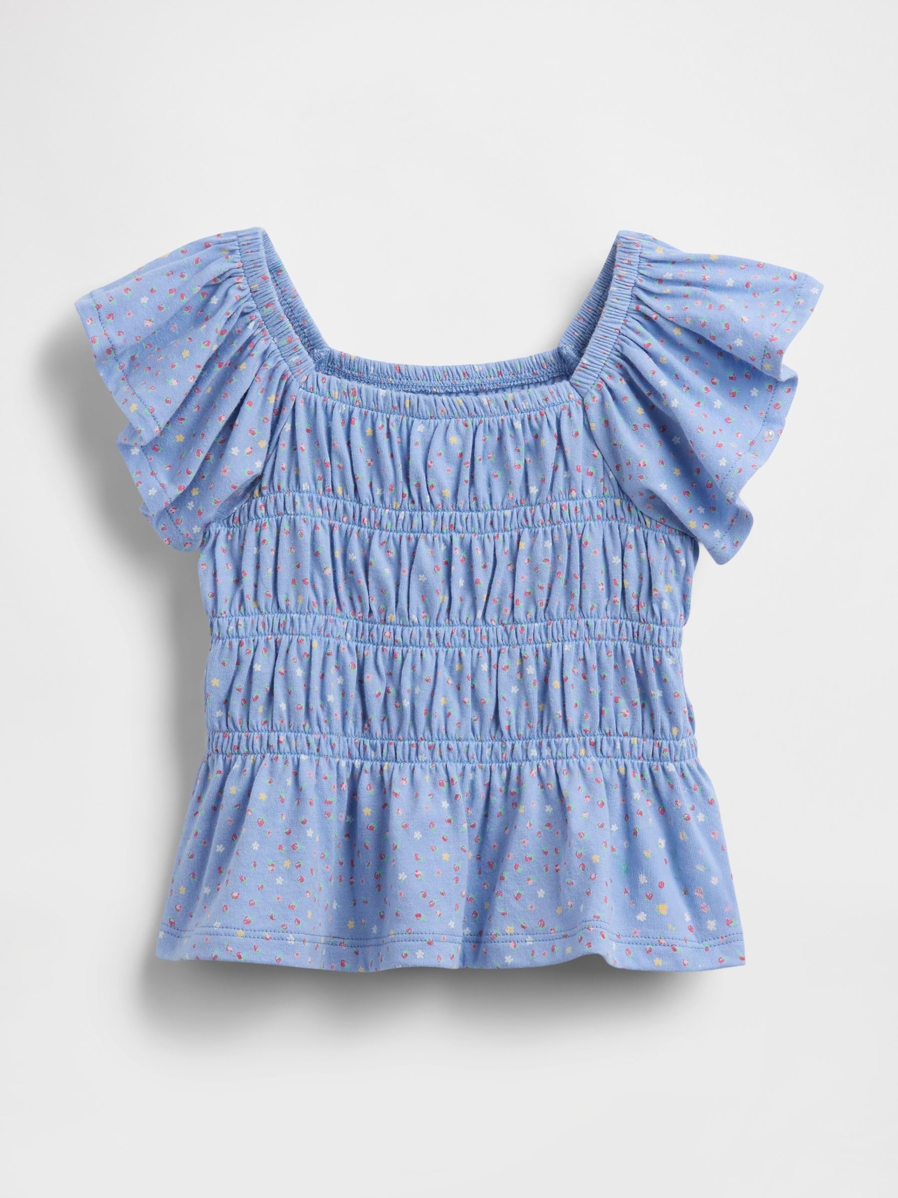 Blue Floral Smocked Flutter-Sleeve Top - Image 1 of 2