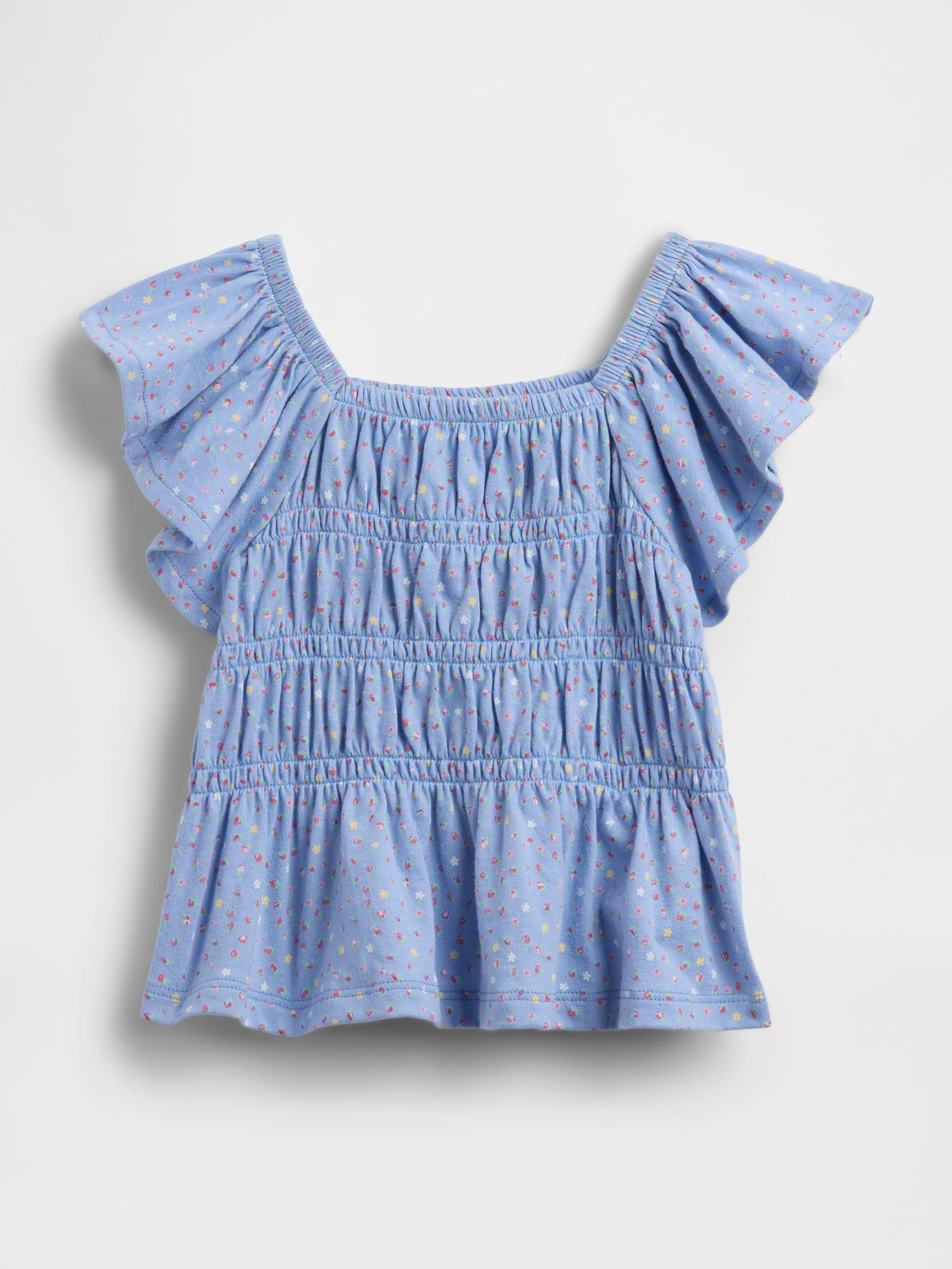 Blue Floral Smocked Flutter-Sleeve Top - Image 2 of 2