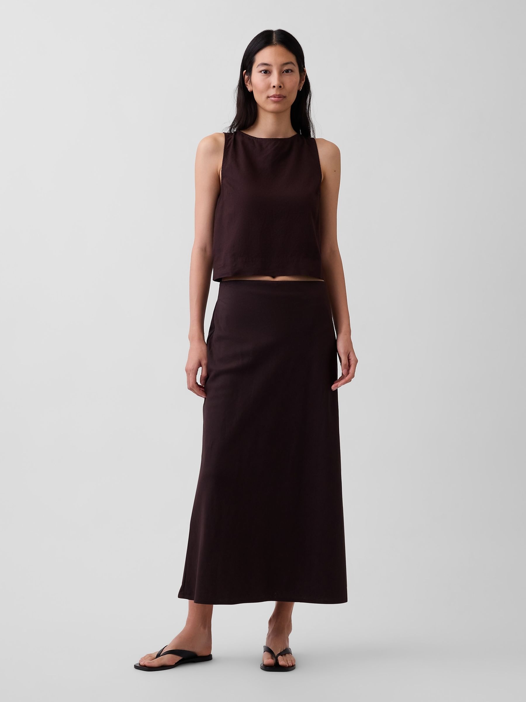 Brown Linen-Blend Maxi Slip Skirt - Image 1 of 4 Brown Linen-Blend Maxi Slip Skirt - Image 1 of 4