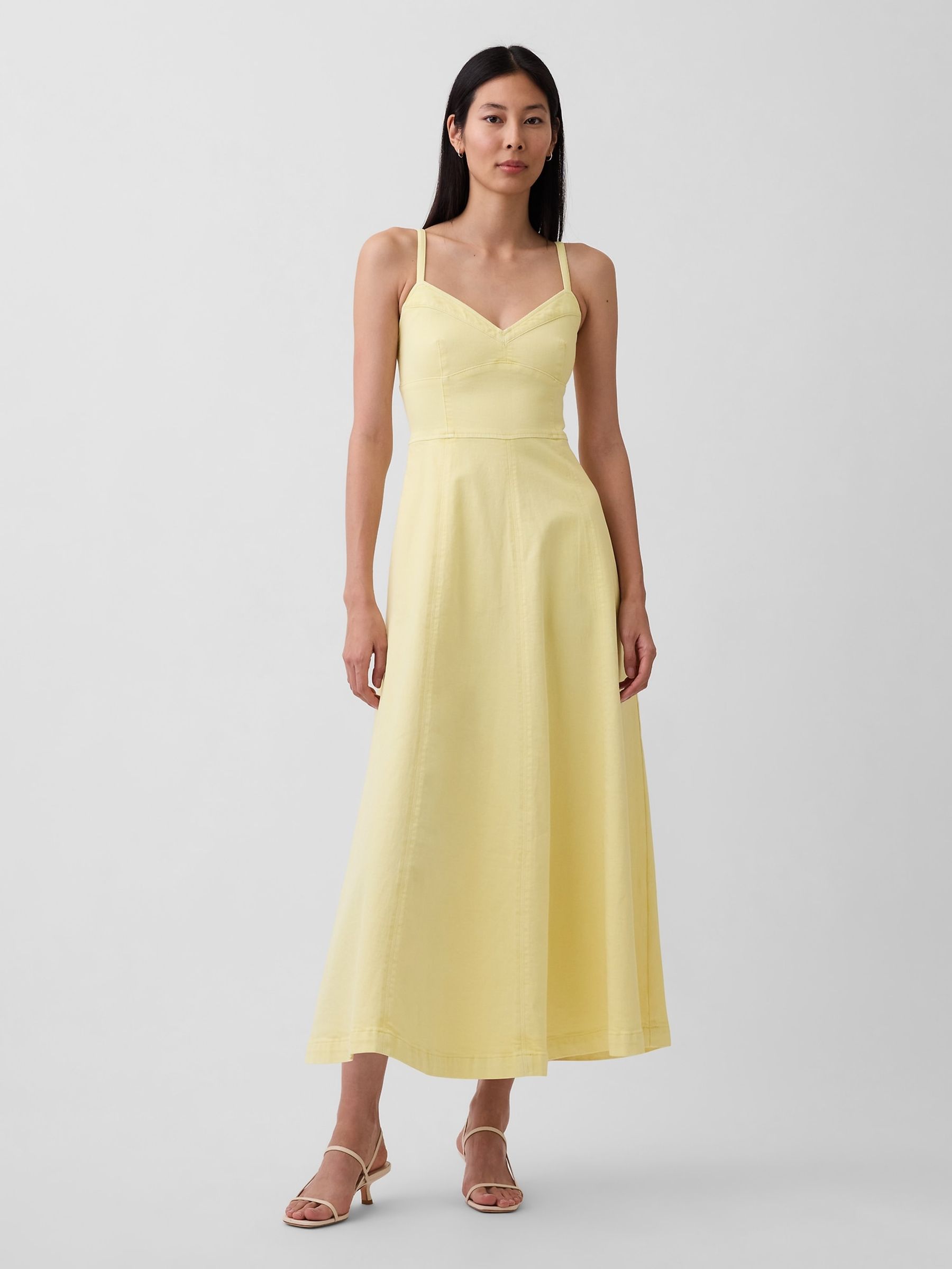 Yellow Denim Seamed Corset Maxi Dress - Image 1 of 4 Yellow Denim Seamed Corset Maxi Dress - Image 1 of 4