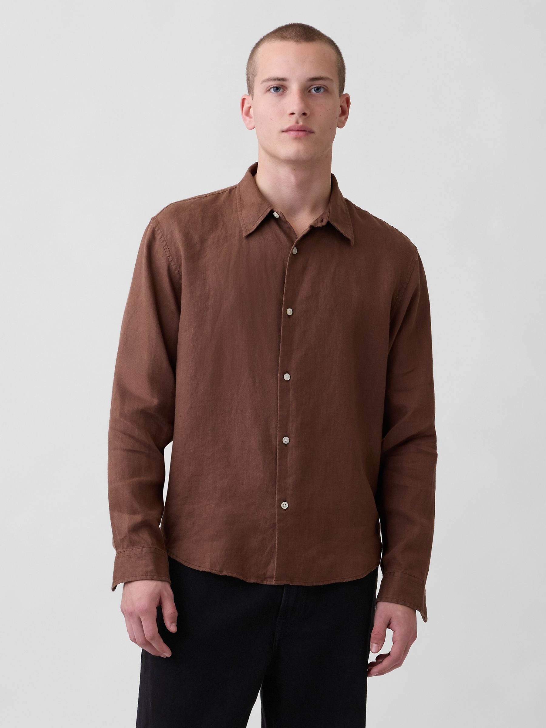 Brown Linen Relaxed Shirt - Image 1 of 4 Brown Linen Relaxed Shirt - Image 1 of 4