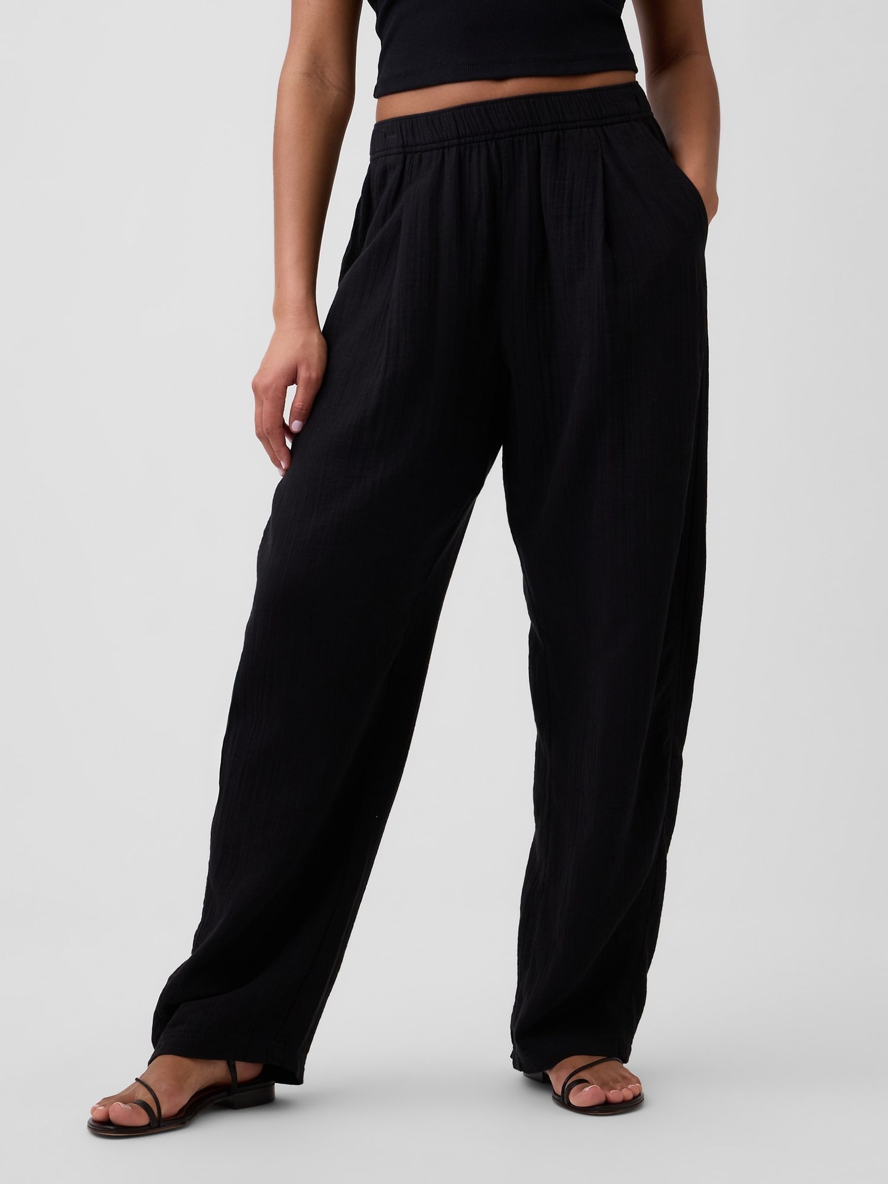 Black Mid Rise Pull On Barrel Gauze Trousers - Image 1 of 6
