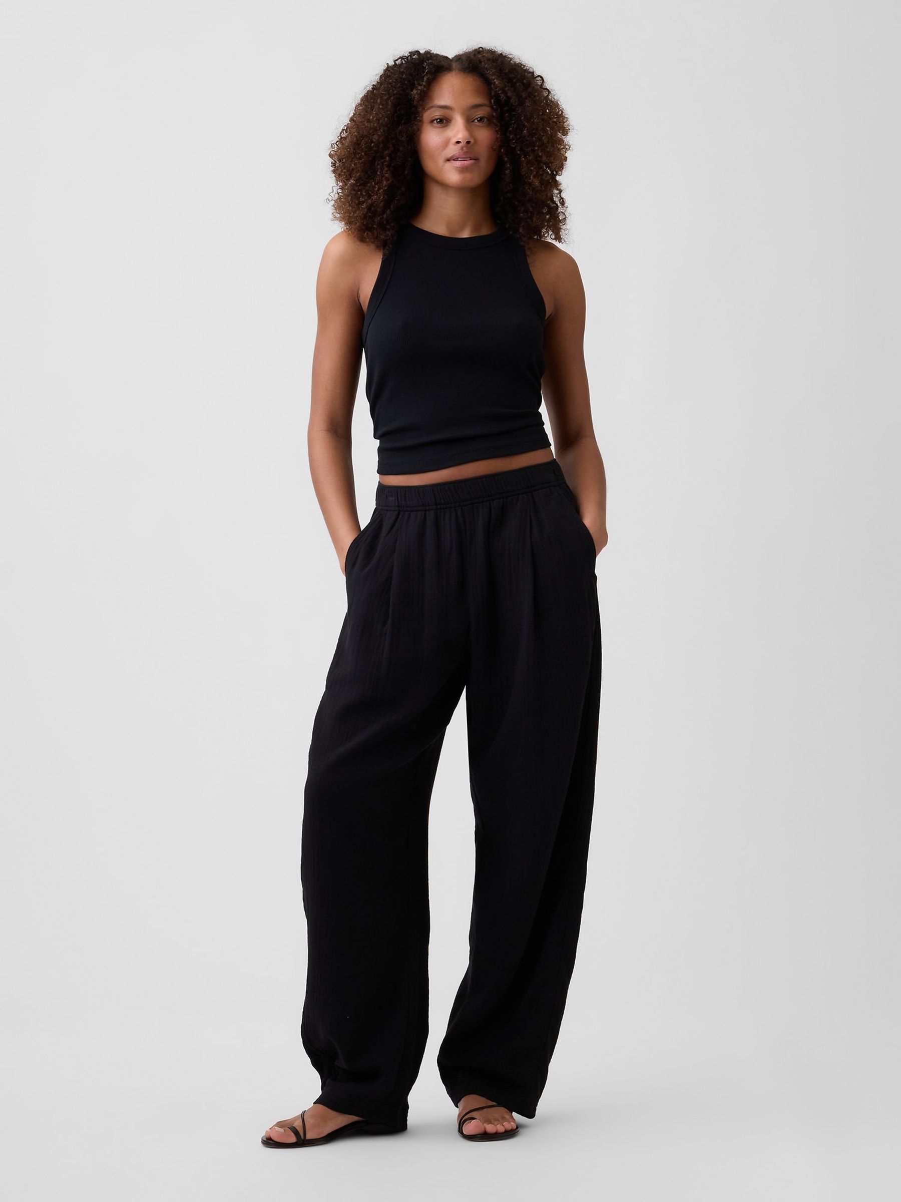 Black Mid Rise Pull On Barrel Gauze Trousers - Image 2 of 6