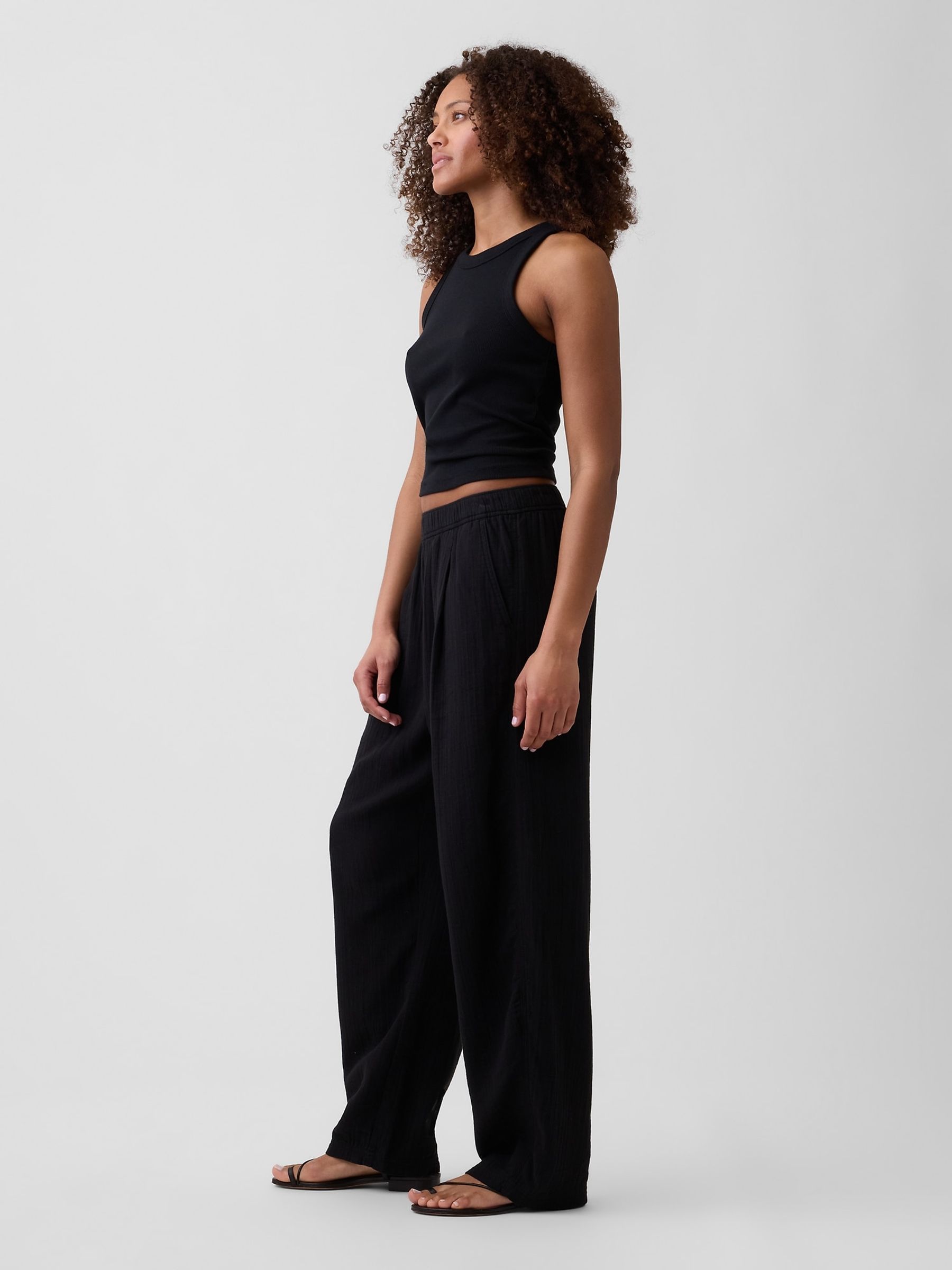 Black Mid Rise Pull On Barrel Gauze Trousers - Image 4 of 6